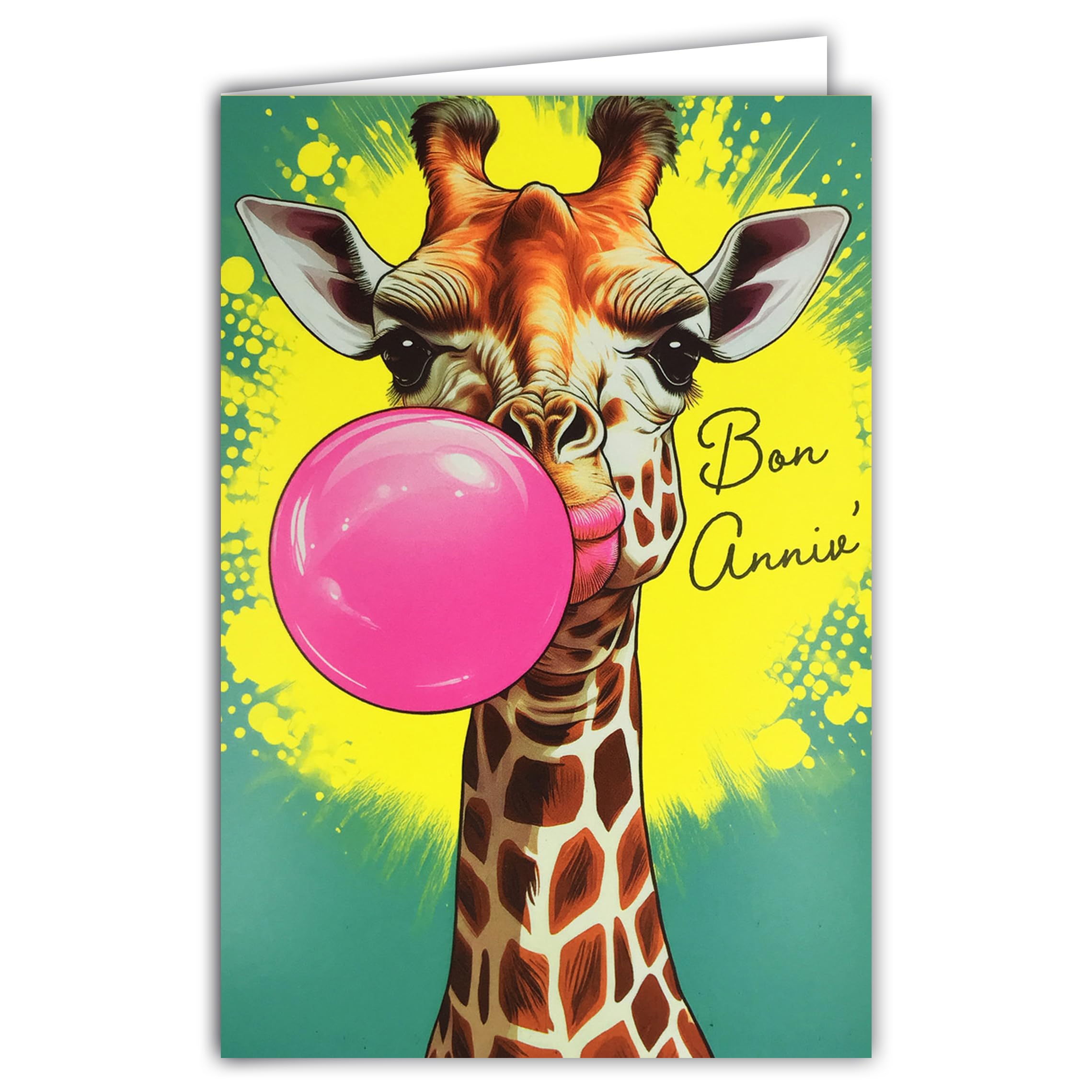 69-8108 Happy Birthday Card with Envelope 12 x 17.5 cm Giraffe Making a Bubble of Pink Chewing Gum Dough Gum - Real Fluorescent Inks - Created and Made in France