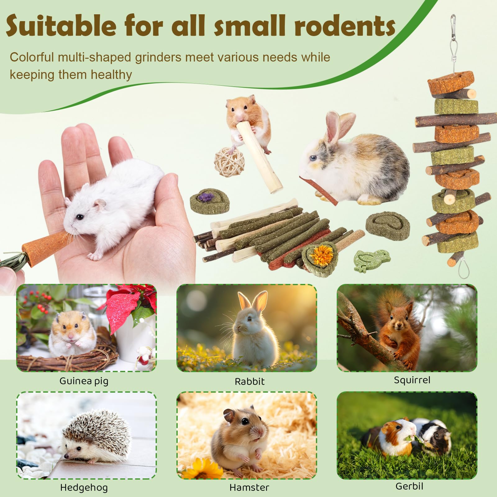 Juego de 42 Juguetes para Conejos, Juguetes Naturales para Masticar Conejo, Juguetes Hamster, cobaya y Chinchilla, palitos de heno de Madera de Manzana para Tratar la dentición de Conejos y Animales — view 3