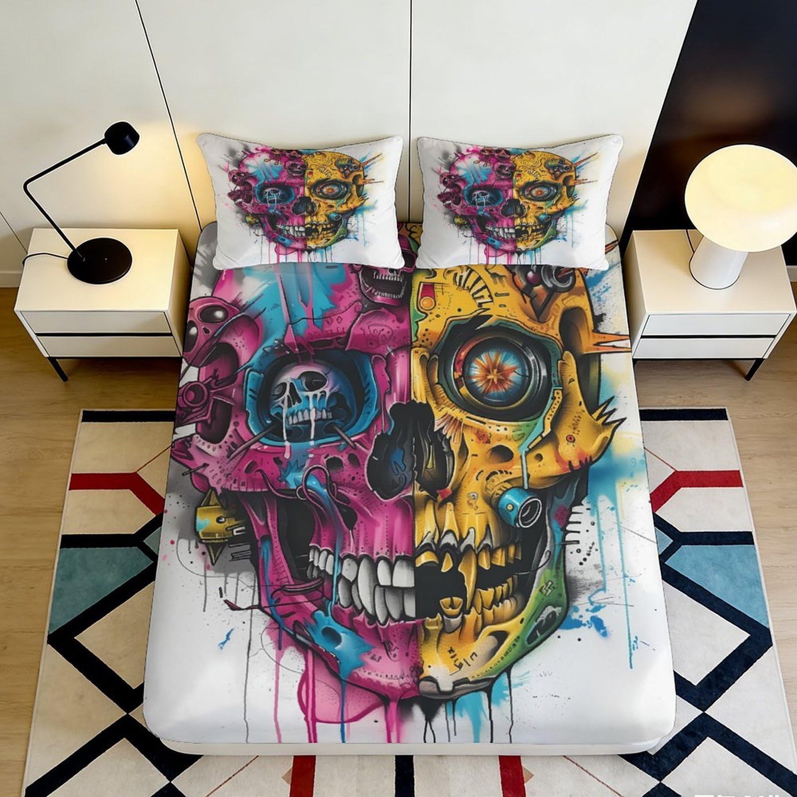 3D Printed Graffiti Skull Fitted Sheet Microfiber Deep Pocket Bedroom Bedding Graffiti Skull Mattress Fitted Cover Non-Slip Washable for Adults Teens 200x200x25cm 90x200x25cm