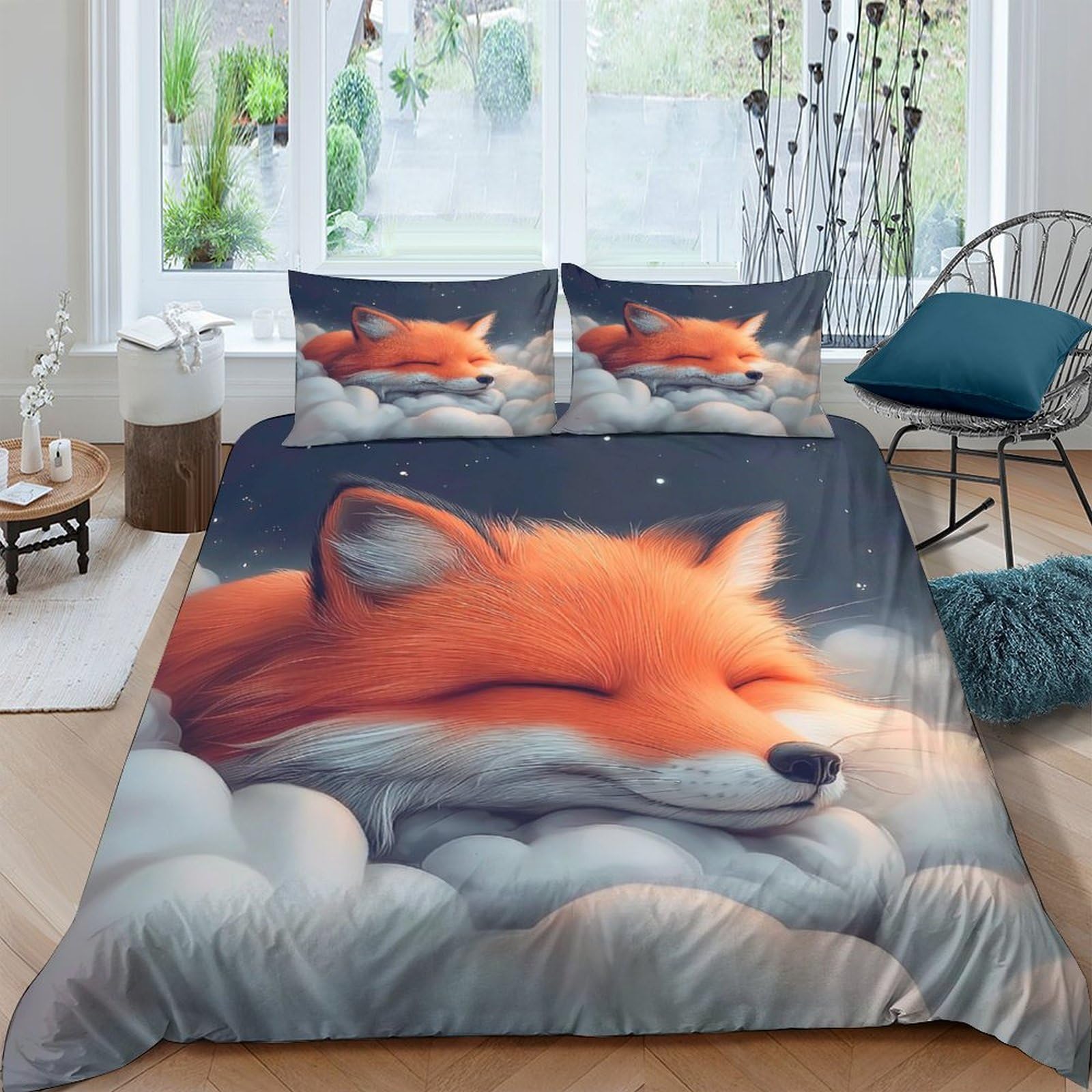 Ctjqhvkz Style-4 3D Printed Sleeping Fox Fitted Sheet Microfiber Soft Breathable Dreamy Cloud Bed Cover For Bedroom Dorm Decor Single（135X200cm）