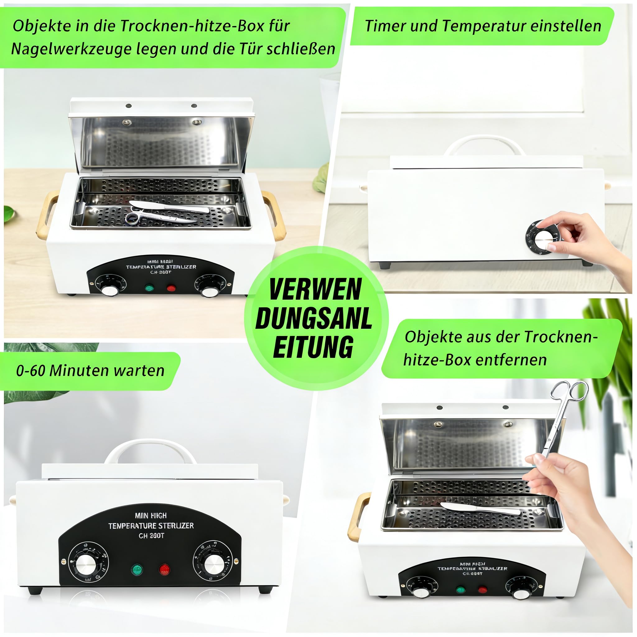 Heißluftsterilisator 1,5L 300W, Trockene Hitze Sterilisatoren für Nagelwerkzeuge 200°C mit Timer & Kontrollleuchte, Hochtemperatur Desinfektionsgerät für Metall Nagelwerkzeuge im Nagelstudio