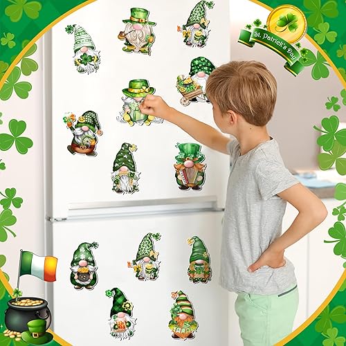Miniatura 6 de Decoración magnética de gnomo del día de San Patricio, 12 unidades, calcomanía magnética de gnomo de trébol navideño para automóvil, calcomanía para