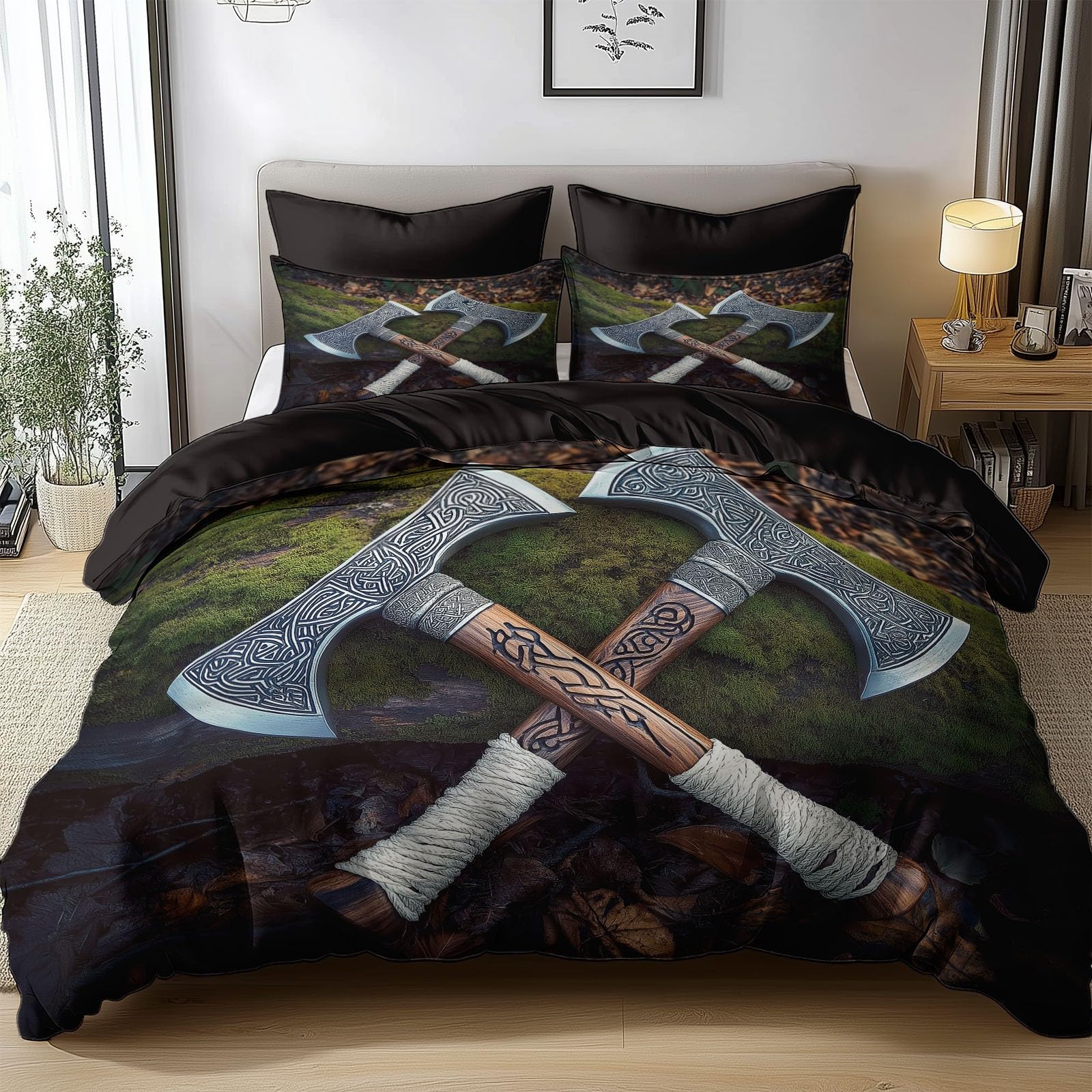 3D Reversible Duvet Cover Set Viking Axe Printed Bedding Black Duvet Cover 3 Pcs Zipper Bedding Set 135x200cm Soft Hypoallergenic Microfiber Quilt Cover for Kids Adults