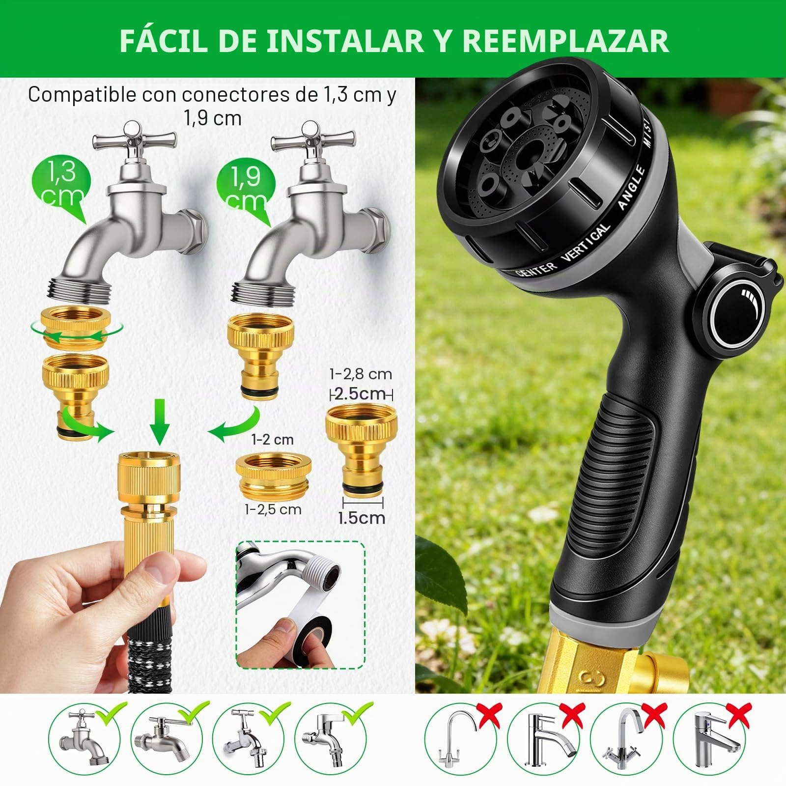 Manguera Jardin Extensible 15M, Manguera Extensible con Conectores de 1/2" 3/4" y Soporte de Pared, Mangeras Jardineria con 10 Funciones Pistola para Jardín, Lavar la Mascota, Lavado de Coche