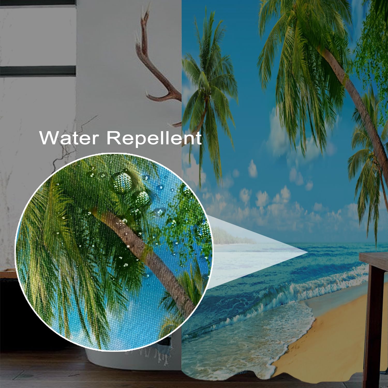 Summer Shower Curtain Beach Sea Scenery Shower Curtain Set for Bathroom with Hooks Green Palm Trees Leaves Waterproof Shower Curtains 72x72 inches
