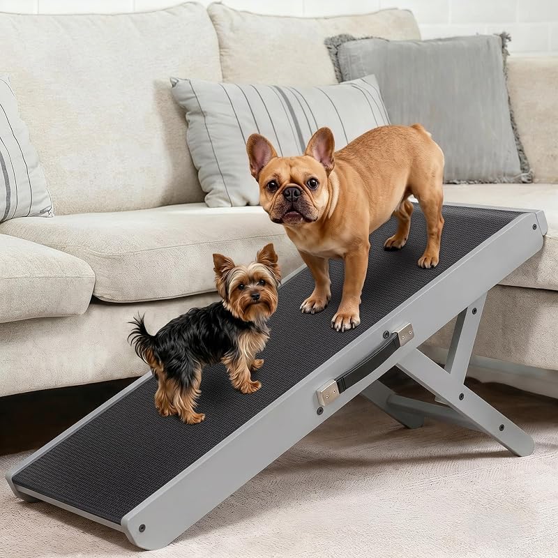 Rampa para Cães para Sofá e Cadeira PRIORPET de Madeira de Bétula, Dobrável e Antiderrapante, 7 Alturas Ajustáveis, Cinza