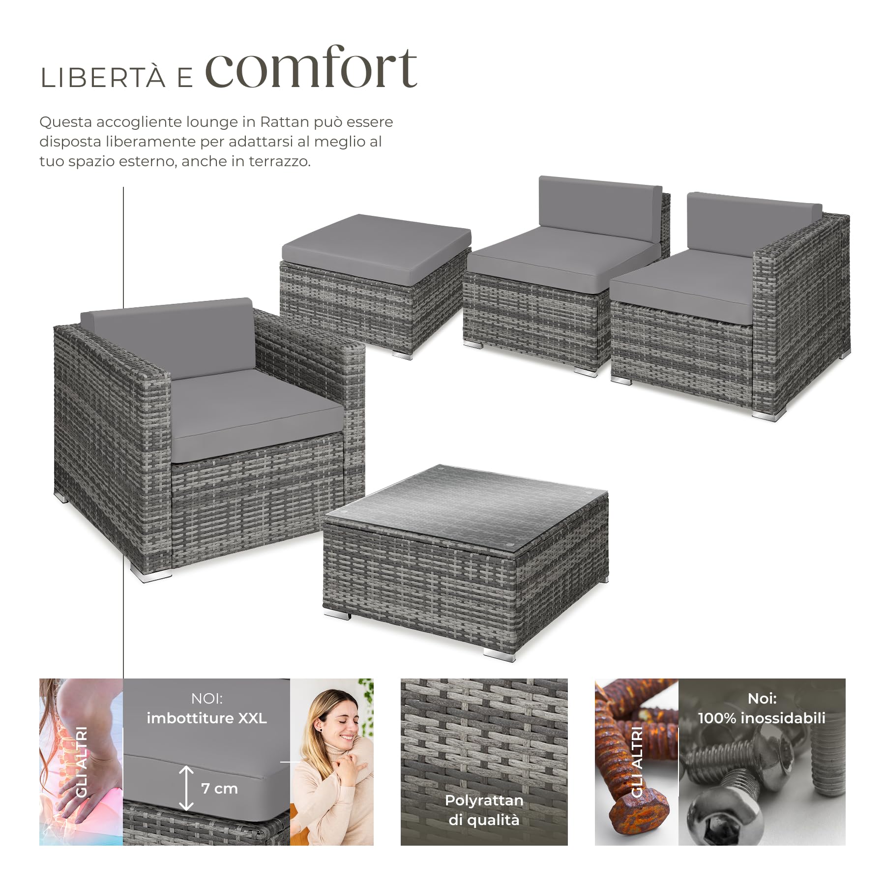 tectake® Set Rattan Milano, Arredo Giardino Elegante con Poltrone, Panche, Tavolo Vetro - Resistente UV, Struttura Acciaio, Imbottitura Morbida, Versatile - Grigio