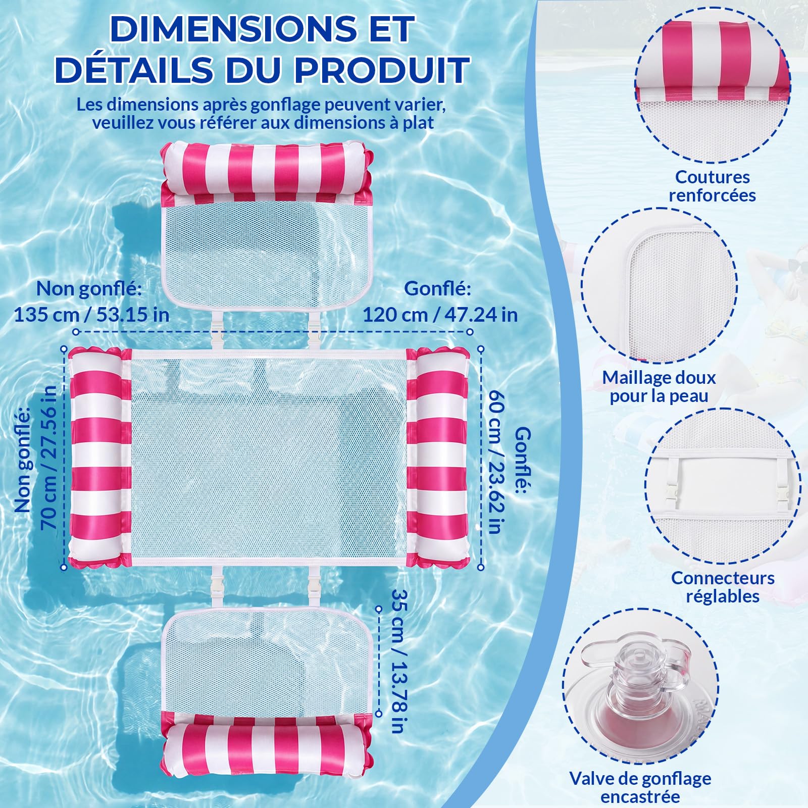 Hamac Piscine 4 en 1 Bouee Adulte XL Matelas Piscine Filet Rose Hamac Gonflable avec Filet et Pompe à Air Matelas Gonflable Plage - Jeux - Jouets