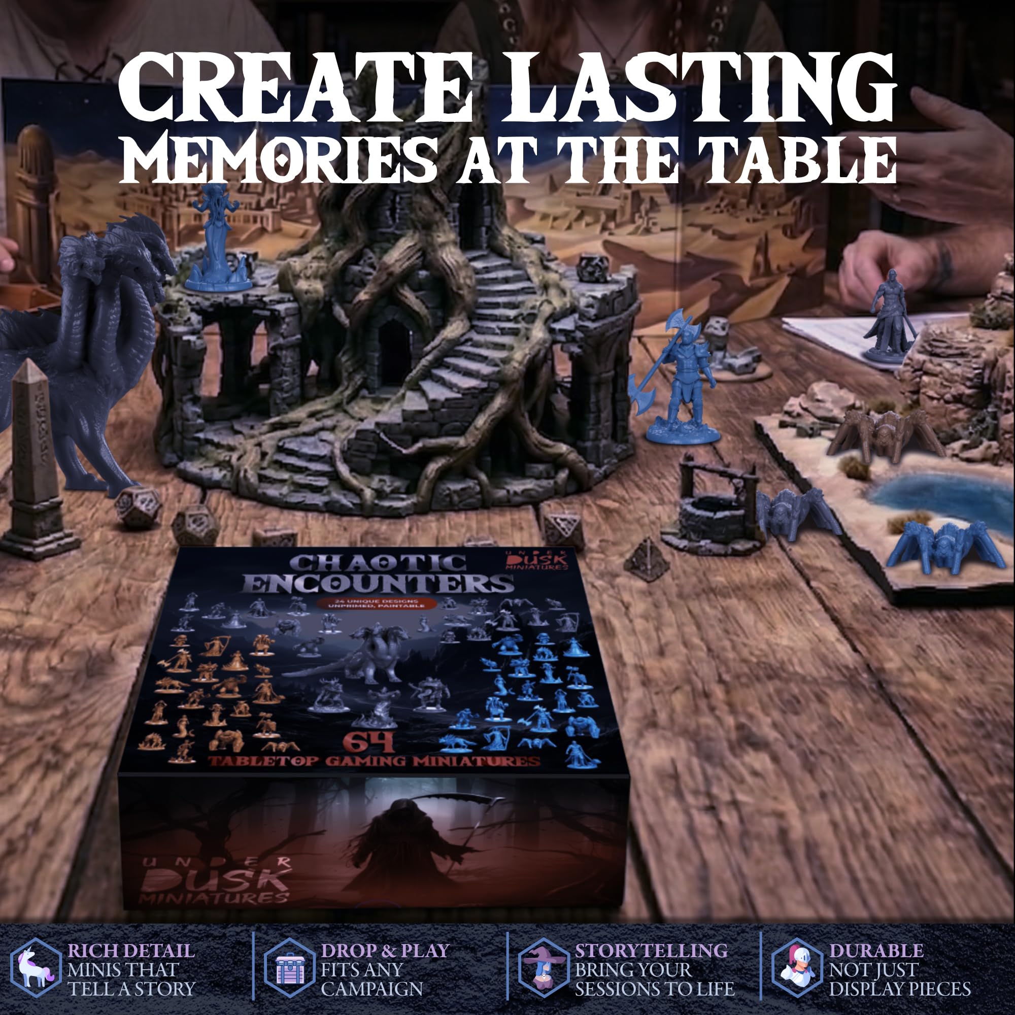 Underdusk: Chaotic Encounters – 64 D&D Miniaturen Set | Hochdetailliertes PVC, unbemalt | Inkl. Datenblättern & Storys für RPG & Tabletop