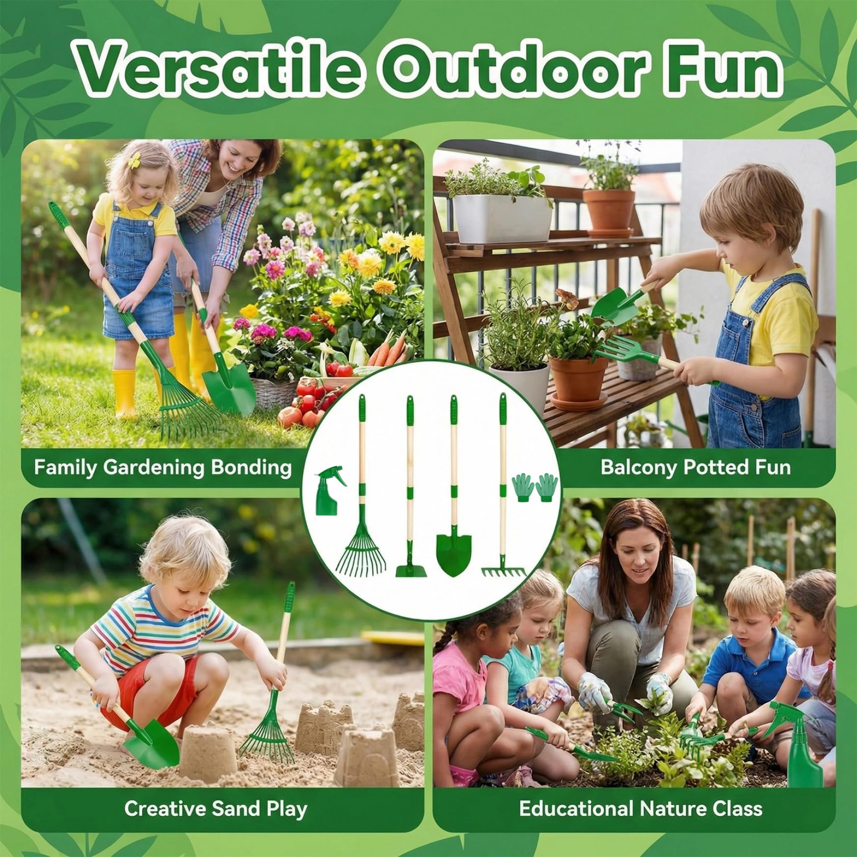 Set da 6 Attrezzi da Giardinaggio per Bambini, per Ragazzi e Ragazze dai 3 Anni in su, Verde, con Pala rastrello Manico in Legno Teste Metallo, Set di Giocattoli da Giardino per Esterni