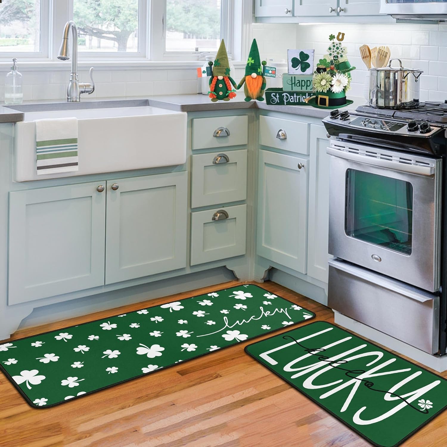 St. Patrick's Day Kitchen Rugs Set of 2, Saint Patricks Day Decorations Non Slip Backing Hello Lucky Clover Green Shamrock Kitchen Mats for Floor Irish Holiday Home Decor 17"X47"+17"X30"