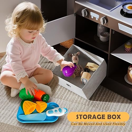 Miniatura 8 de JOYDIAS - Juego de cocina para niños, juego de cocina de madera con sonido y luz, horno, máquina de hielo, pizarra y caja de almacenamiento de