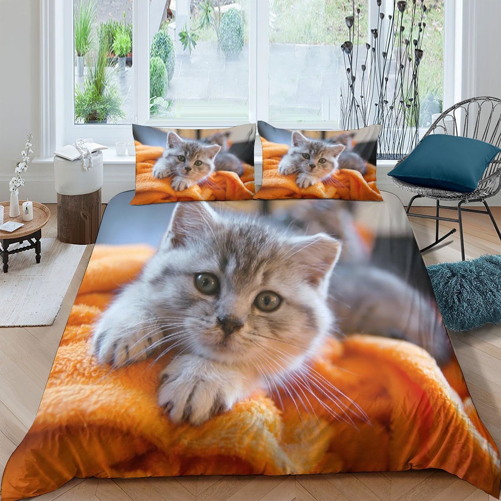 Ctjqhvkz Style-4 3D Printed Grey Kitten Fitted Sheet Microfiber Soft Orange Blanket Bed Cover Non-Slip Machine Washable For Bedroom Guest Room Single（135X200cm）
