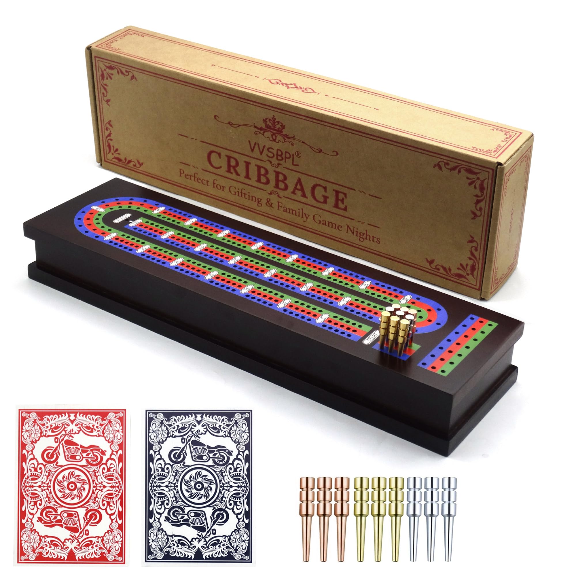 VVSBPL Wooden Cribbage Board Game Set with Metal Pegs and 2 Decks of Playing Cards, Travel Cribbage Board with Card Storage, Magnetic Lock, Classic Continuous 3 Track Cribbage Set for Family