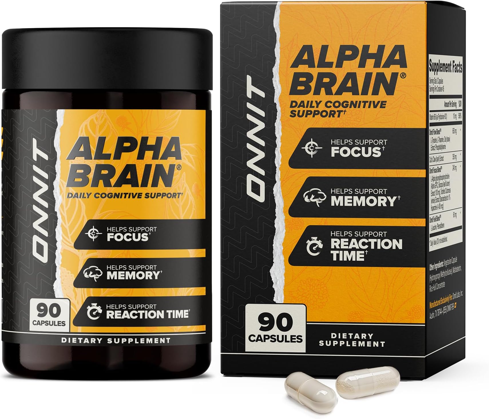 ONNIT Alpha Brain Nootropic Brain Supplement for Focus, Memory, Mental Clarity, Cognitive Support with L-Theanine and Vitamin B6, 90 Count
