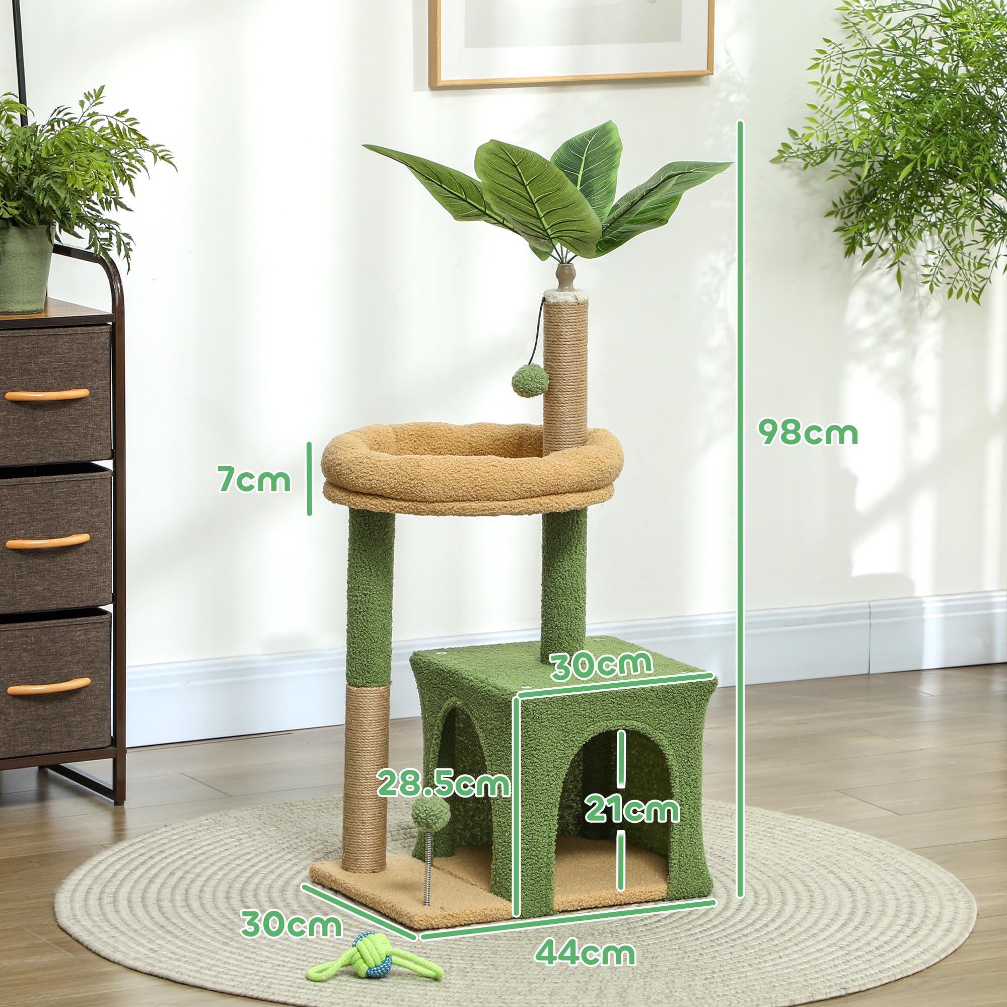 PawHut Albero Tiragraffi per Gatti con Foglia di Palma, Casetta, Lettino e 2 Palline, Torre per Gatti in Legno e Poliestere, 44x30x98 cm, Verde e Marrone