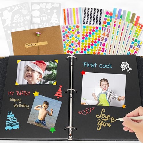 Miniatura 5 de AIOR Álbum de fotos de 60 páginas, kit de álbum de fotos de álbum de recortes de bricolaje, 3 anillos de papel negro extraíble, álbum de recortes de