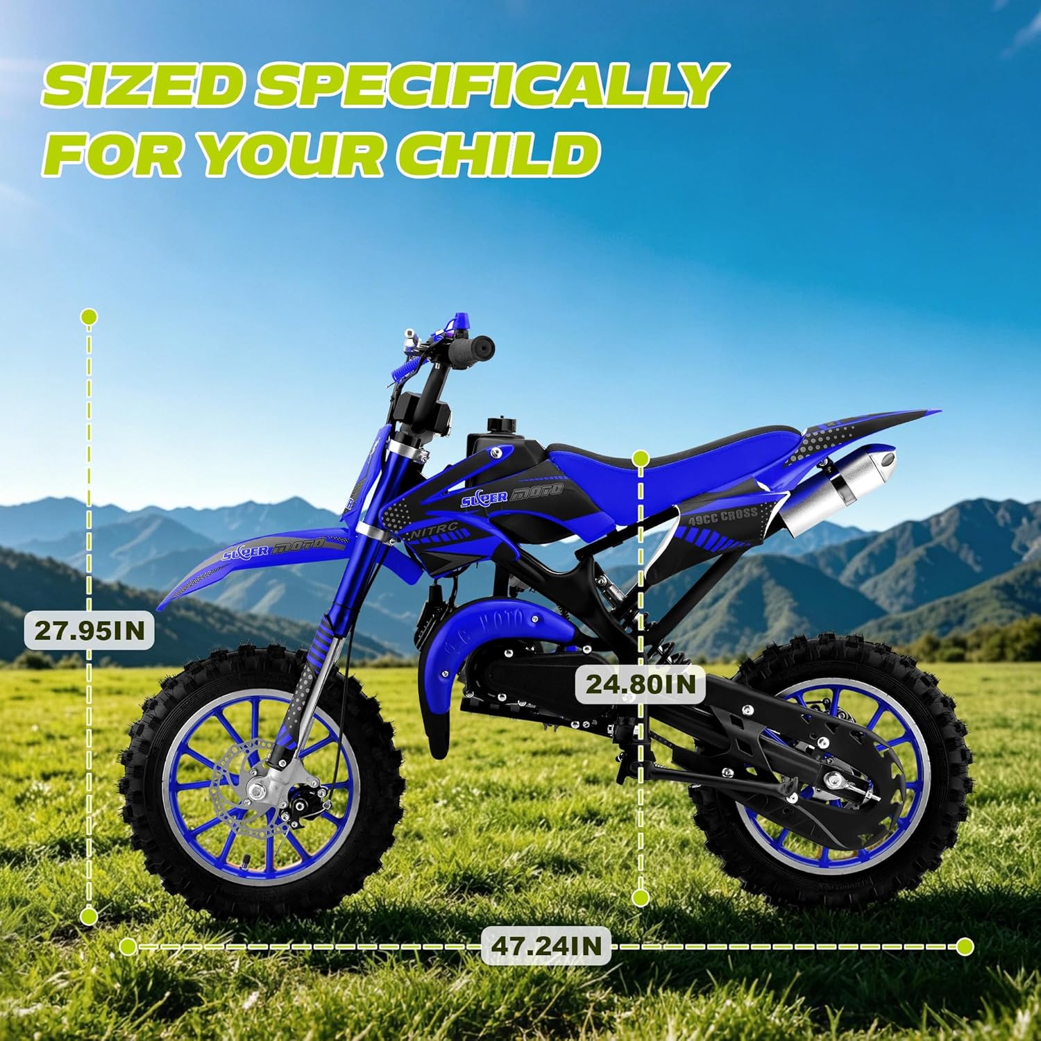 50cc Kids Dirt Bike, 2-Stroke Gas Dirt Bike for Kids 8-14, Upgraded Mini Pit Bike Up to 25 Mph with Dual Disc Brakes, 10 Inches Off-Road Tires and Front & Rear Absorption（Blue）