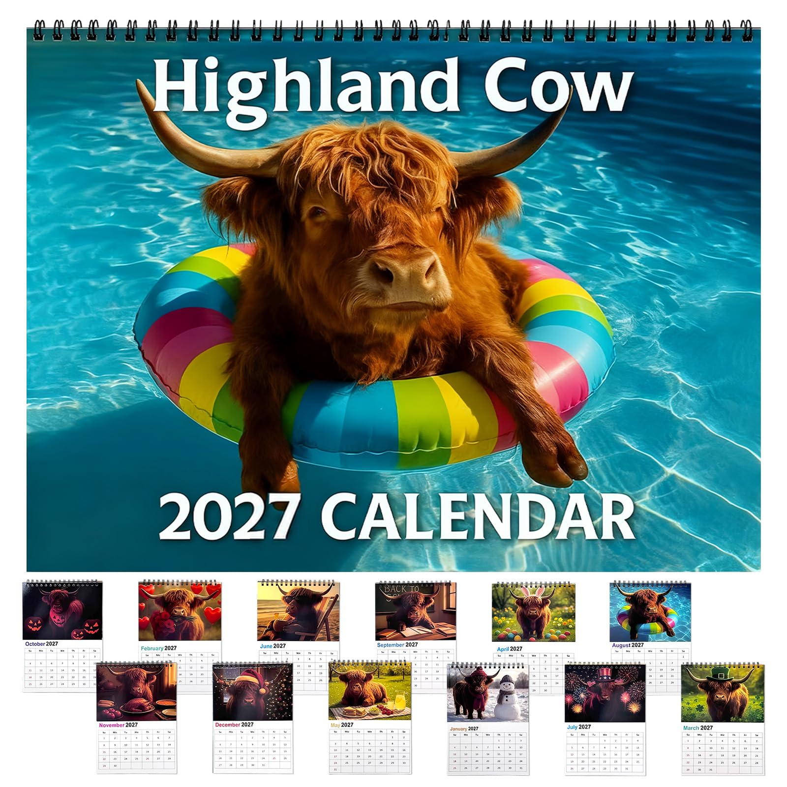Highland Cow Calendar 2027 - Highland Cows Wall Art Calendars, Fun & Cute 12 Month Scottish Cow Hanging Decoration with Thickened Full-Color Illustrations for Home Office Decor & Animal Lovers Gift