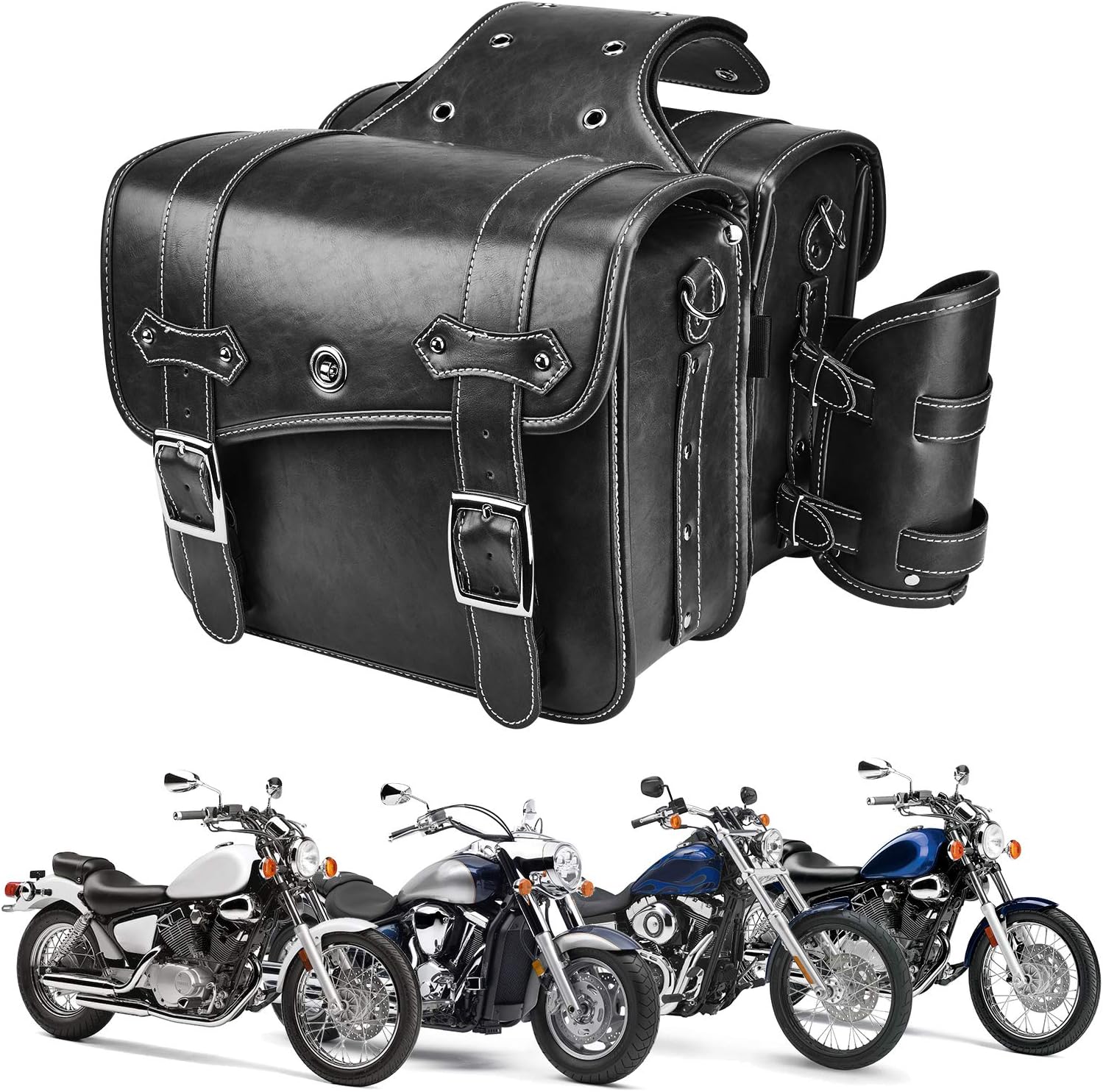 Leather Motorcycles Saddlebag Throw Over Saddle Bag with Cup Pocket for Sportster Softail Dyna Road King V-star Shadow, Vulcan, Black PU Material: Automotive