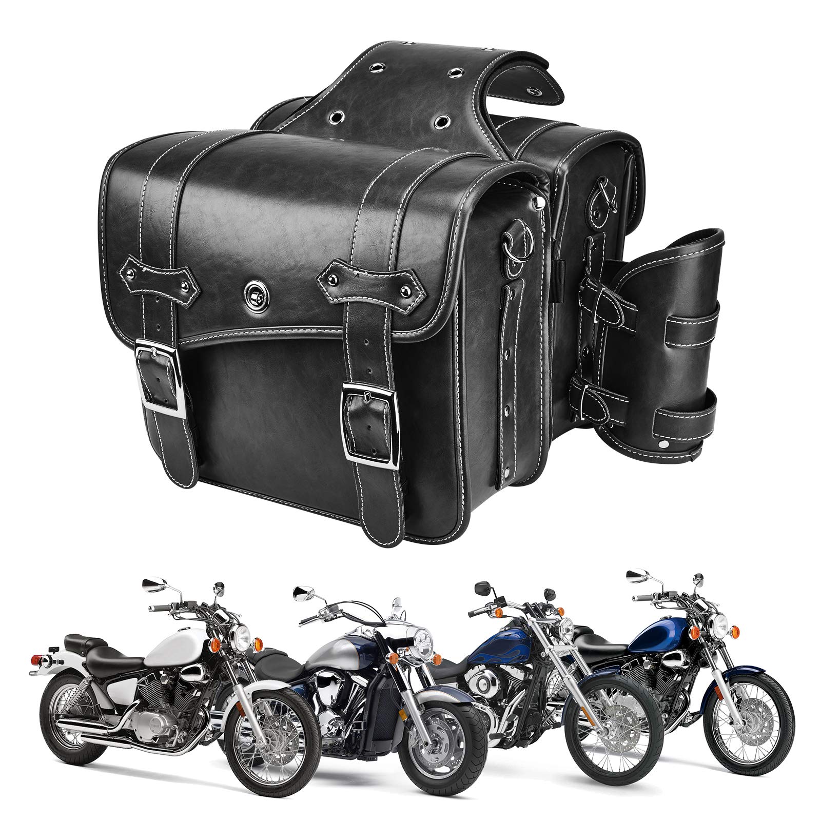Leather Motorcycles Saddlebag Throw Over Saddle Bag with Cup Pocket for