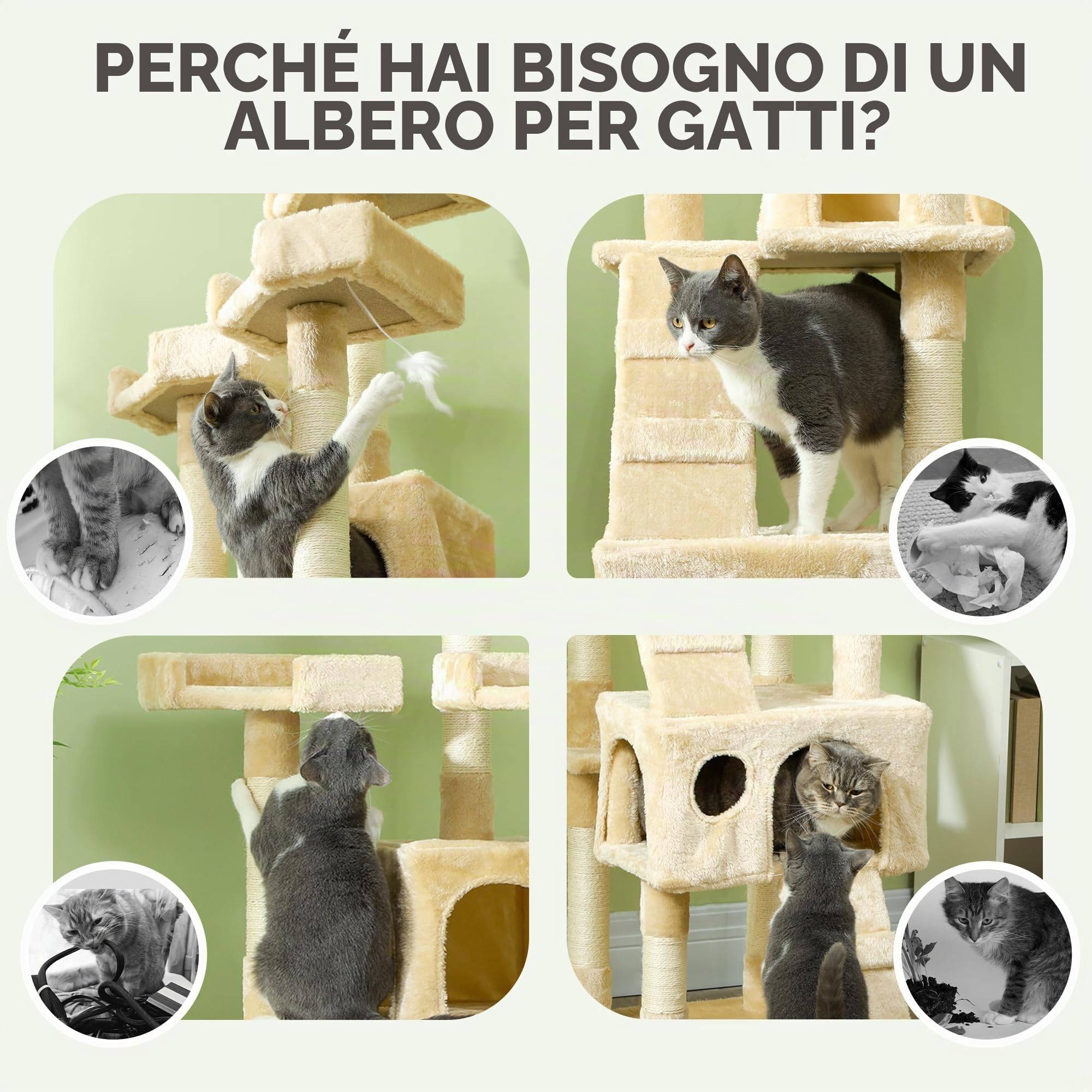 Albero tiragraffi per Gatti, 50 x 50 x 170 cm, per Dormire, Giocare, Centro attività, graffiare, Colore: Grigio Neutro (Beige)
