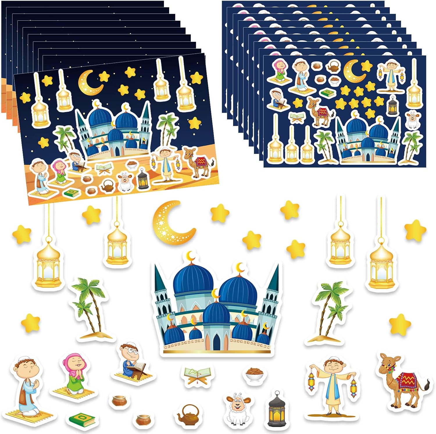 HOWAF 12pcs Eid Mubarak Make a Scene Stickers Set, Ramadan Kareem Themed DIY Craft Stickers for Kids, Religious Scene Sticker for Toddler, Eid Ramadan Party Moon Castle Star Lantern Stickers