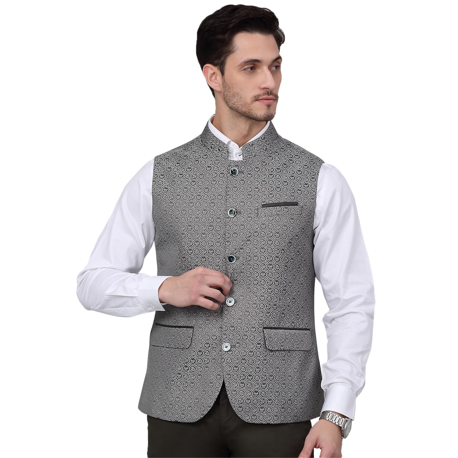 cantabil Men's Self Design Mandarin Collar Waist Coat-picture-40