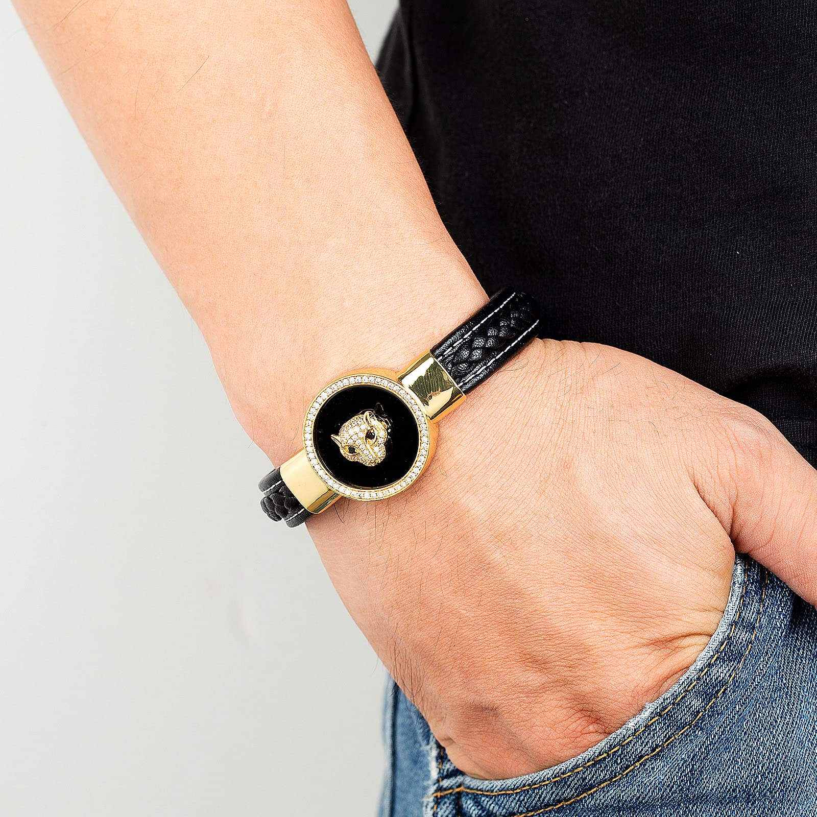 Armband Herren Armbänder Armreif Damen Männer Geschenk Luxus Stil Zirkon Männer Armbänder Runde Naturstein Geflochtene Lederarmbänder Charme Punk
