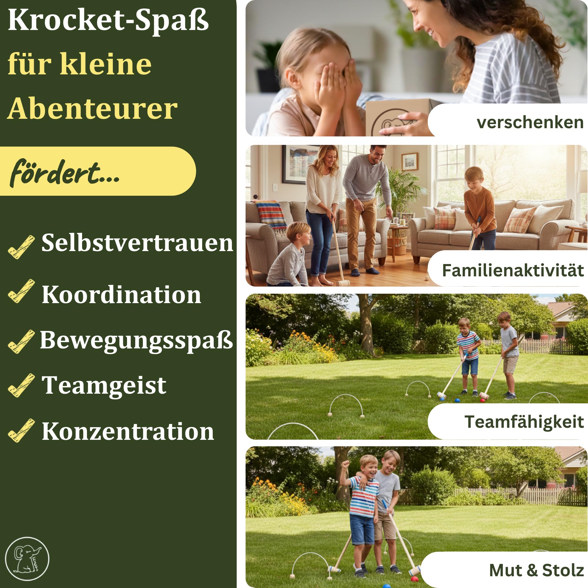 Eli® Jeu de croquet pour enfants avec raquette – Cibles et balles en bois – Kit de crocket pour l'intérieur et l'extérieur – Jouet à partir de 3 ans – Jouet en bois