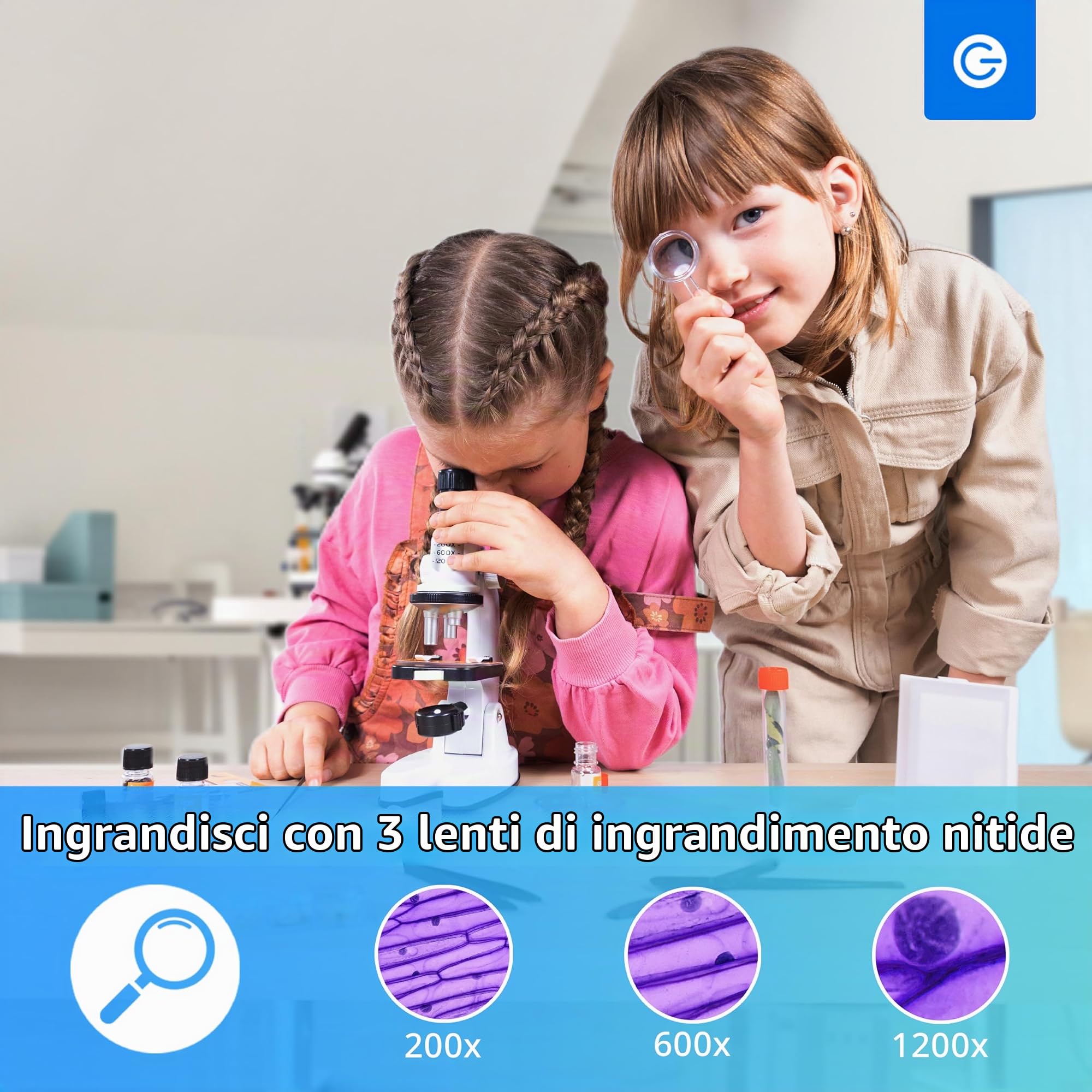 Silvergear® Microscopio Bambino | Imposta Debuttanti | Gioco Educativo | Grossissement di 200x, 600x e 1200x | LED | Microscopio Professionale per Biologia | Inclus 29 Accessori | 14x8x22 cm | Bianco
