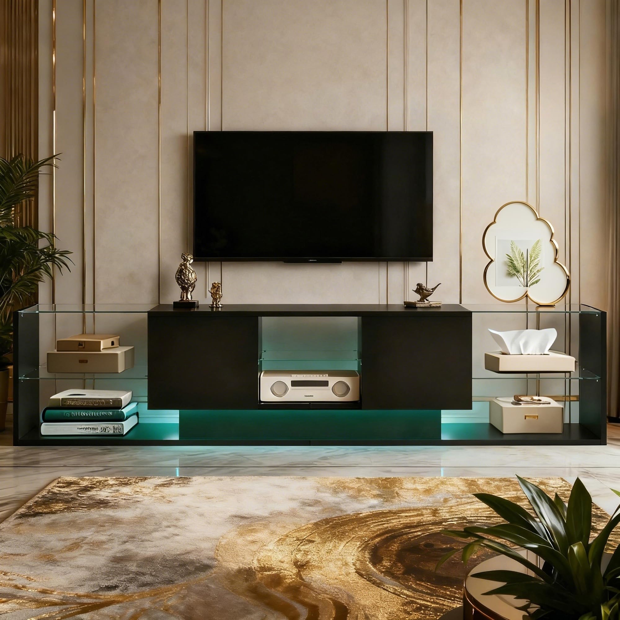 Mueble TV negro con luces LED, moderno mueble de TV de 200 cm con 2 cajones y estantes de cristal, mesa Tele banco TV para salón o dormitorio (negro, 200 x 35 x 45 cm)