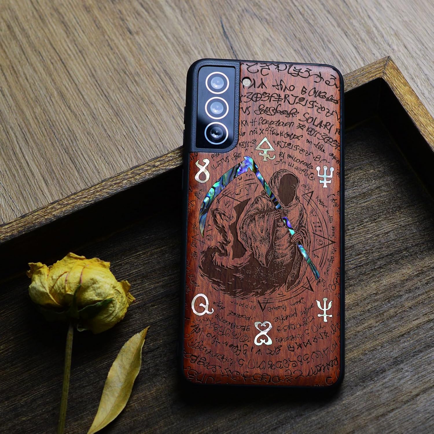 Carveit Designer Wooden Cover for Samsung Galaxy S22 Case [Wood Engraving & Shell Inlay] Compatible with Wireless Chargers Galaxy S22 (Grim Reaper-Rosy)