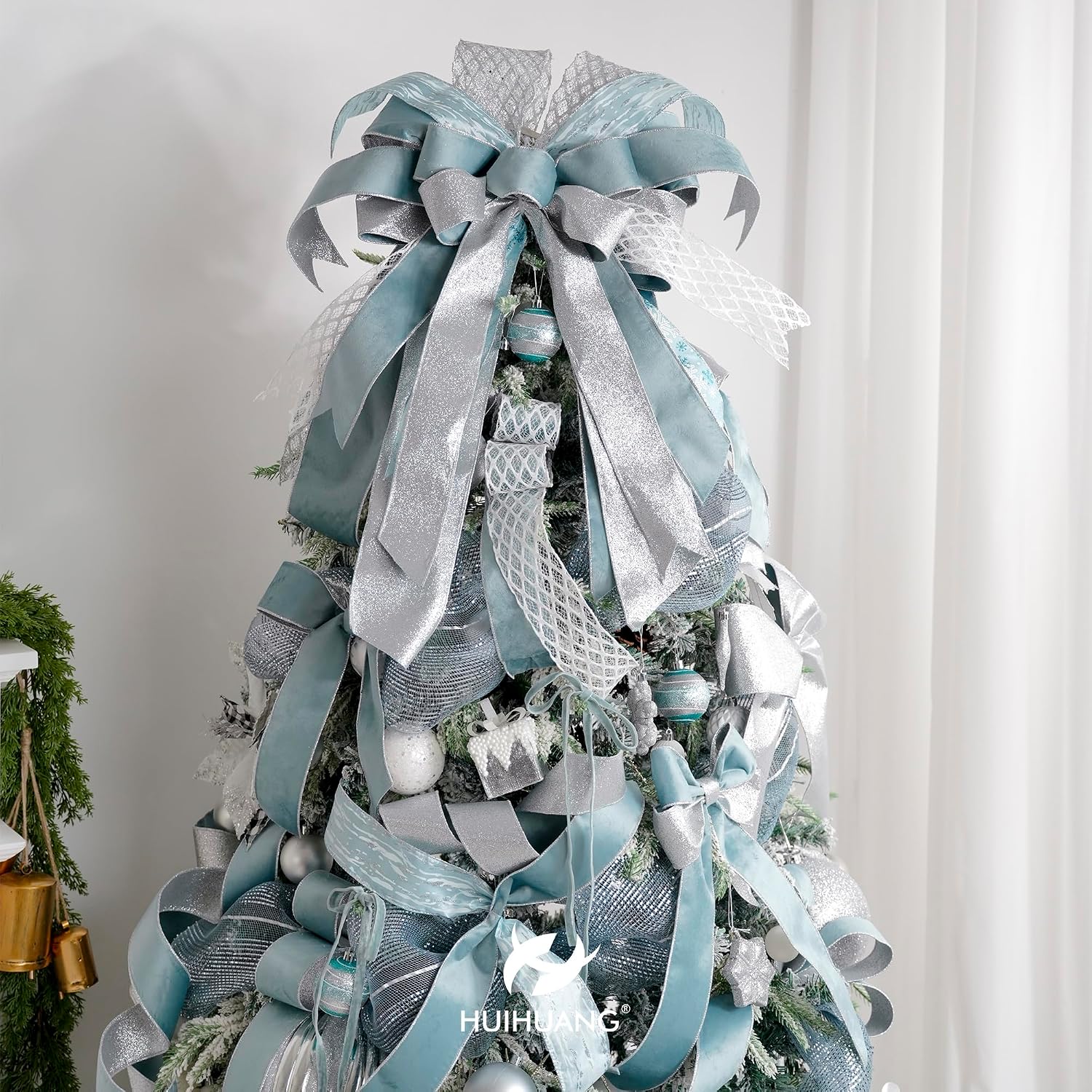 HUIHUANG Christmas Velvet Wired Ribbon 4 inch Dusty Blue Velvet with Silver Glitter Wired Ribbon for X-mas Trees Decoration, Large Bows, Holiday Crafts, Wreaths Supplies- Continuous 10 Yards
