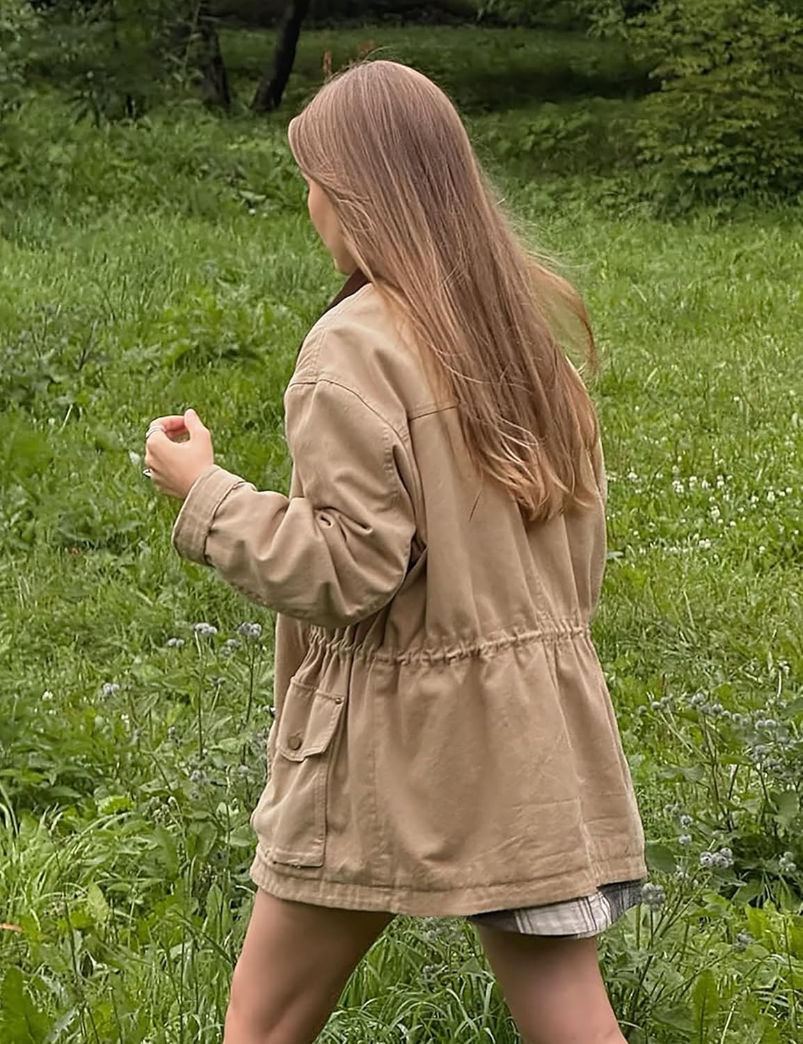 GALMINT Barn Jackets for Women Contrast Collar Utility Jacket Zip Up Drawstring Waist Barn Coat 2025 with Pockets - Image 2