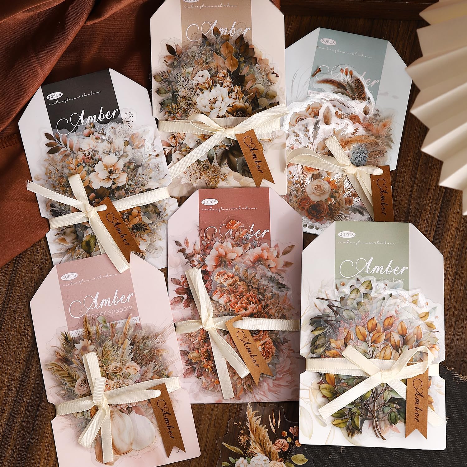 TIAMECH Amber Flower Shadow PET Stickers - 120 Pcs Branch Garland Flicker Design, Waterproof Sticker for Journaling & Scrapbooking, Junk Journal Supplies, Ephemera & DIY Crafts