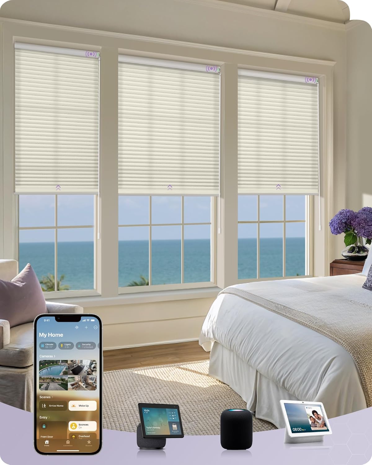 Graywind Motorized Matter Cellular Shades- 100% Blackout Top Down Bottom Up 1-3/4"Cell Honeycomb Blinds for Indoor Windows, Compatible with Alexa Google Siri, Custom Size,Pearl White