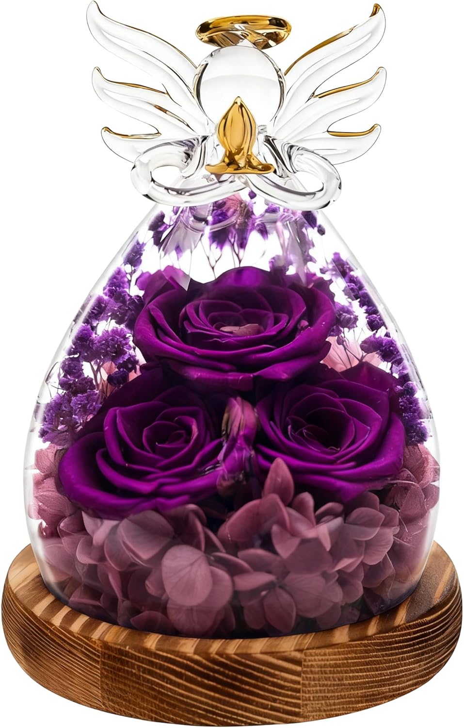 Preserved Real Rose Eternal Rose in Glass Angel Figurine with LED Light, Forever Flowers Angel Gift for Women Her Mom on Valentine's Day Christmas Birthday Anniversary (Purple, 5.8 Inch)