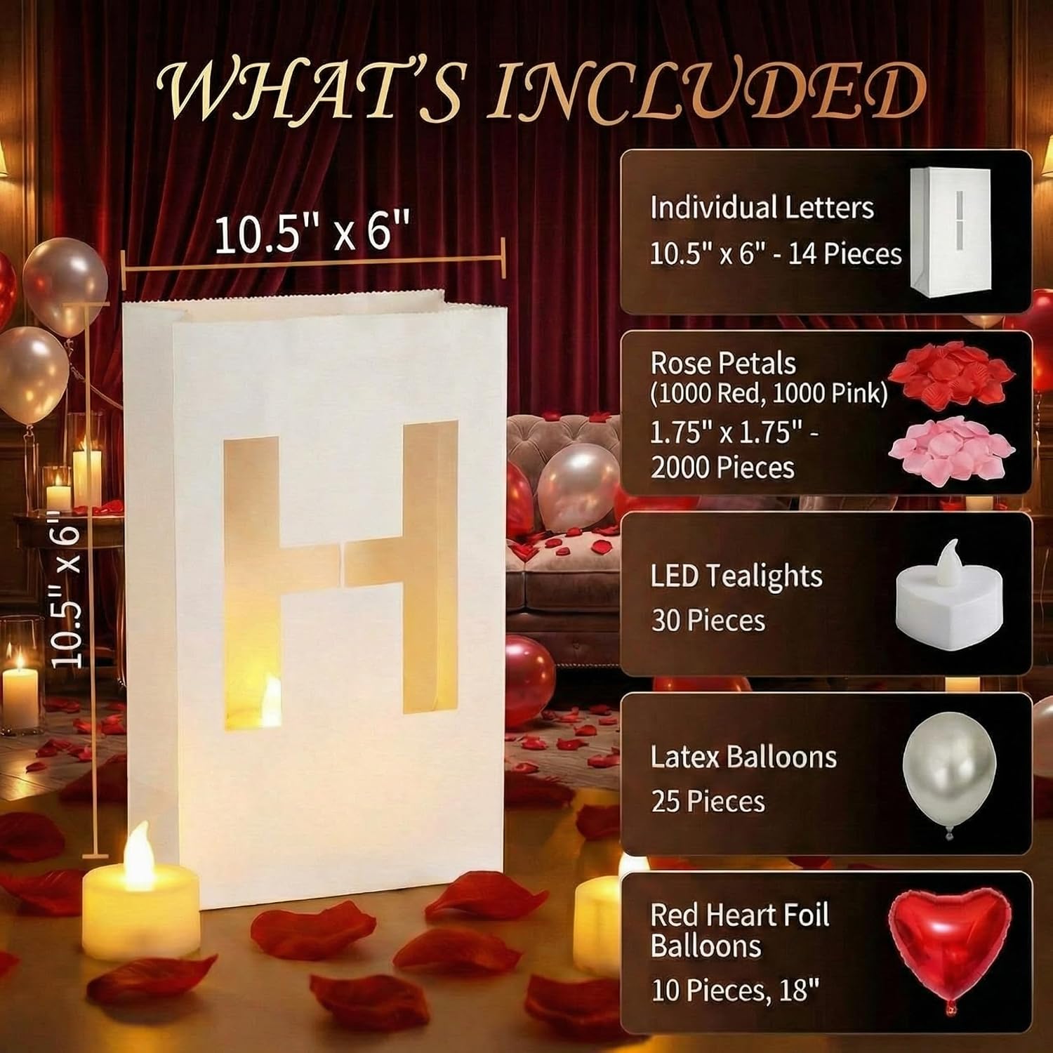 81pcs It Was Always You Light up Letters with 30 LED Candles Tea Light, 2000 Rose Petals & 35 Pearlescent Foil Balloons - Luminary Paper Bags for Anniversary Valentine's Day Decor