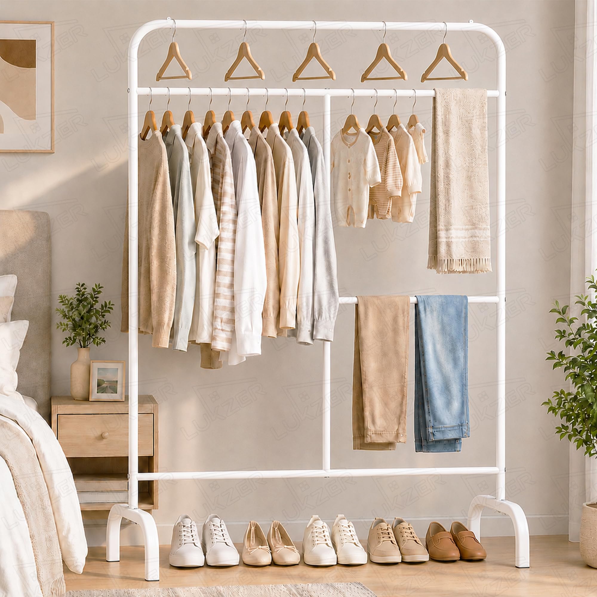Lukzer Multi-Purpose Metal Garment Stand with Multi-Level Hanging Bars | Coat Hanger, Wardrobe Organizer, Durable Metal Clothes Stand for Home and Bedroom Storage | MGS-005/White/145 x 109 x 40 cms-image-45
