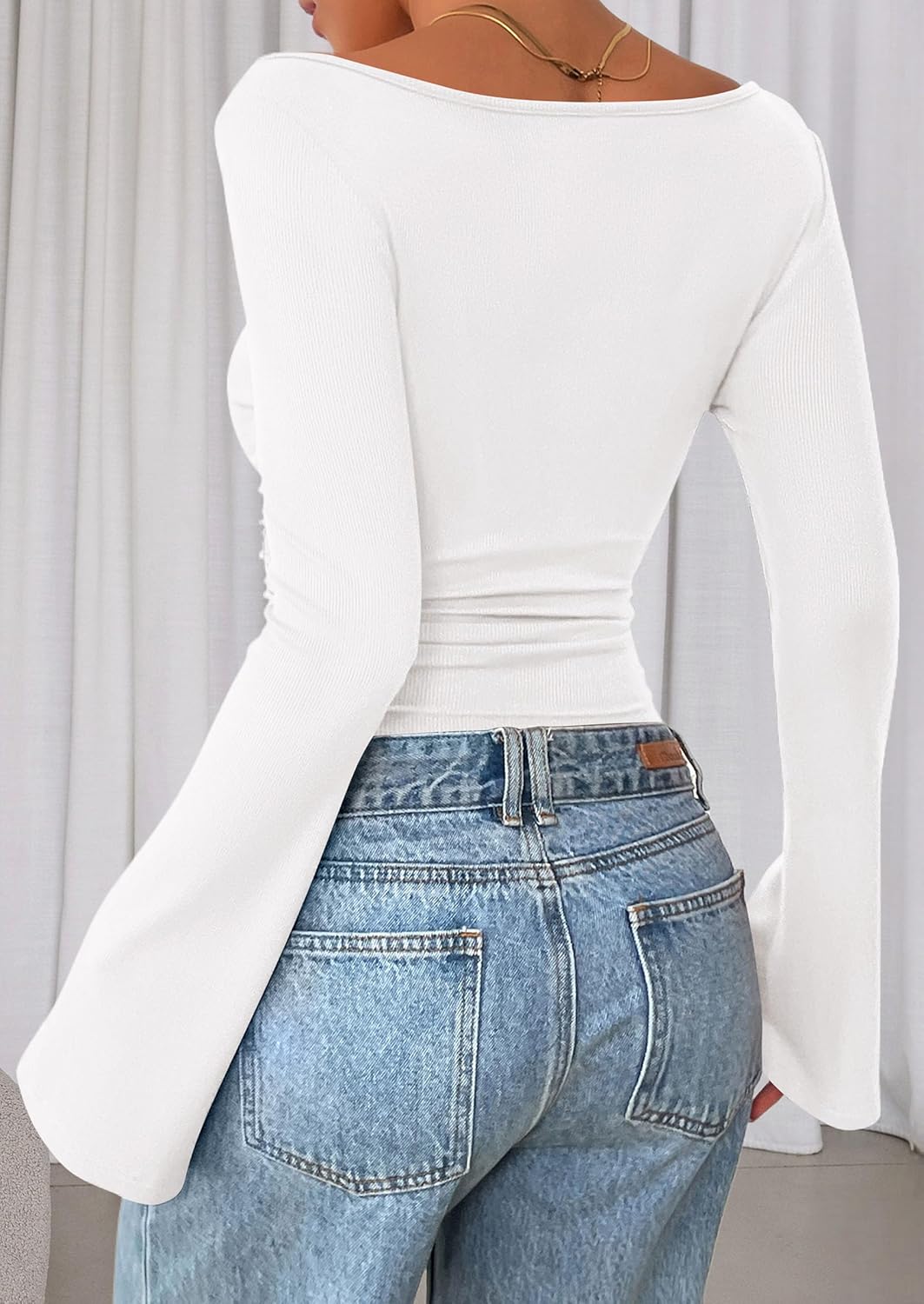 PRETTYGARDEN Womens Long Sleeve Shirts 2026 Spring Crop Going Out Tops Casual Boat Neck Bell Sleeve Ribbed Ruched Y2K Clothes - Image 6