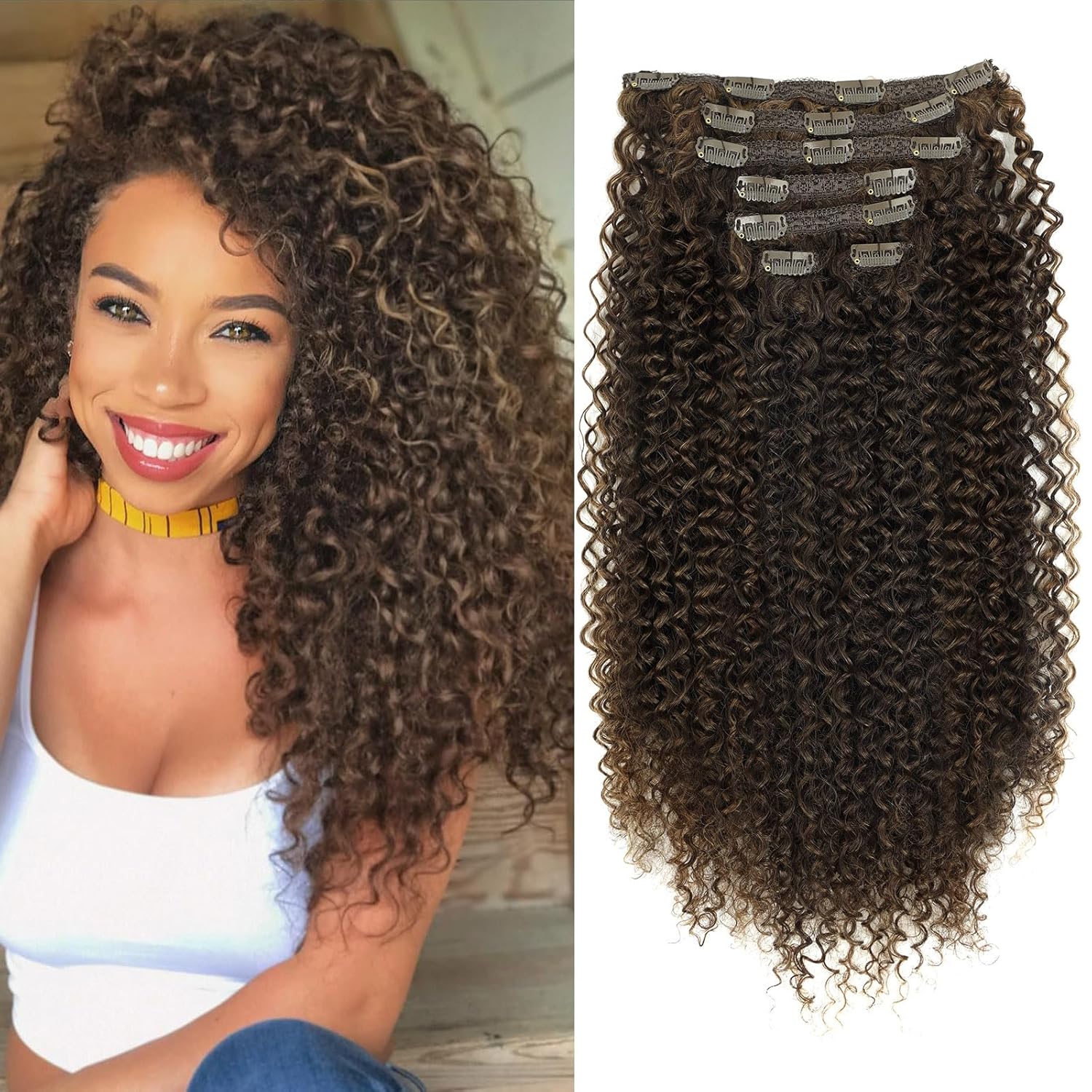 Clip In Curly Hair Extensions – 140G 7Pcs Synthetic SP4/27/30# hair Clip in Human Hair Feelings Extension Jerry Curly Hair Extensions for Black Women clip in extensions Hairpiece (Pack of 7)