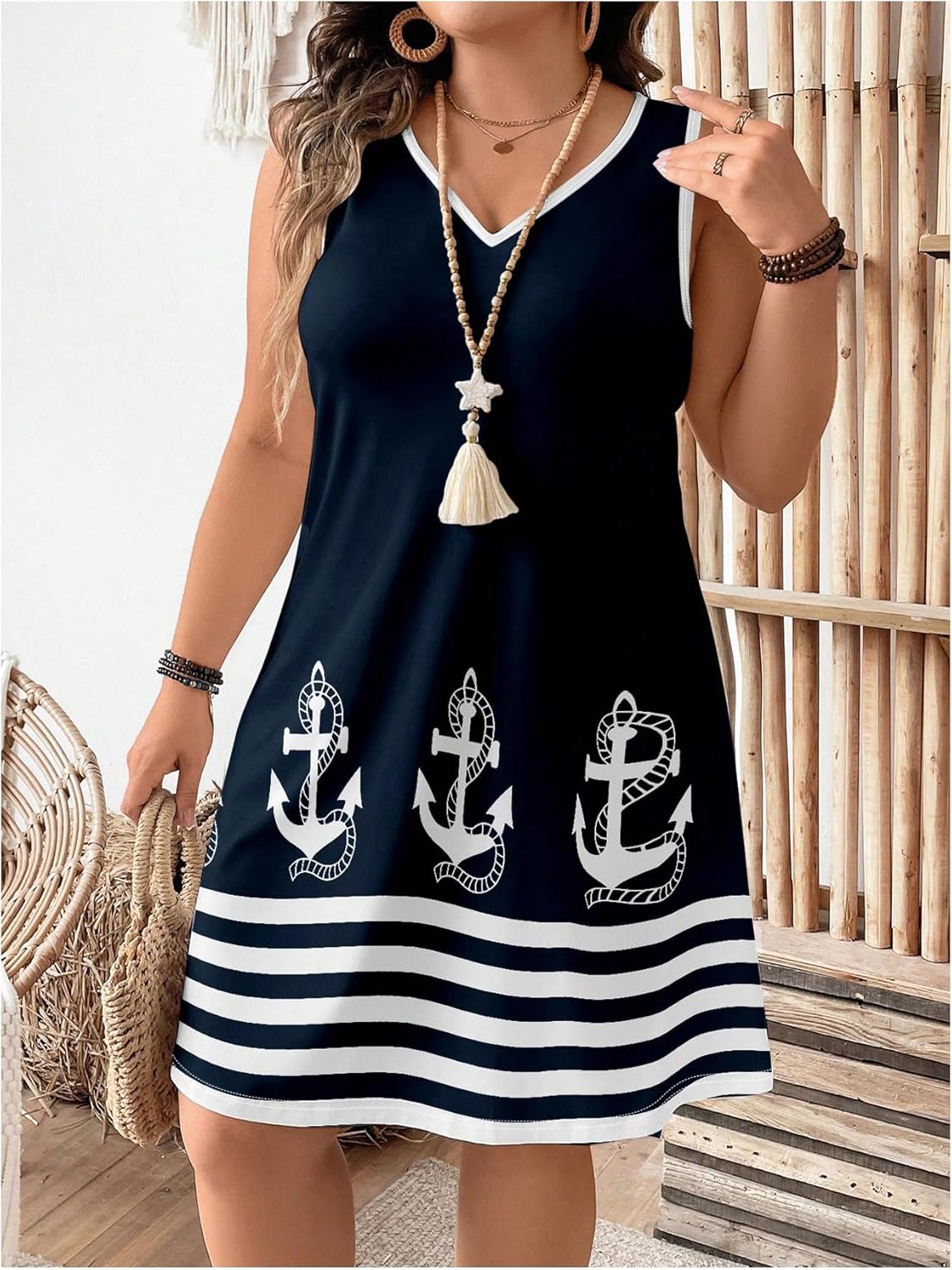 WDIRARA Women's Plus Size Anchor Graphic V Neck Tank Dress Striped Sleeveless Flared Short Dresses - Image 4