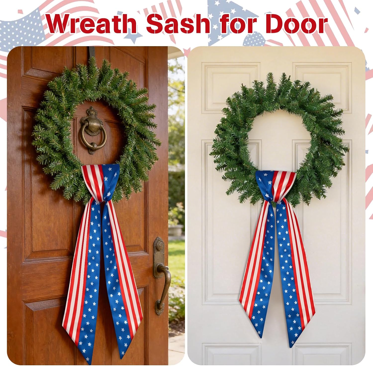 2 Set Patriotic Wreath Sashs with Flags for Front Door, American Flag Wreath Accessories, 5" W x 55" Fine Linen Ribbon 4th of July Memorial Day Outdoor Indoor Decoration (Patriotic)