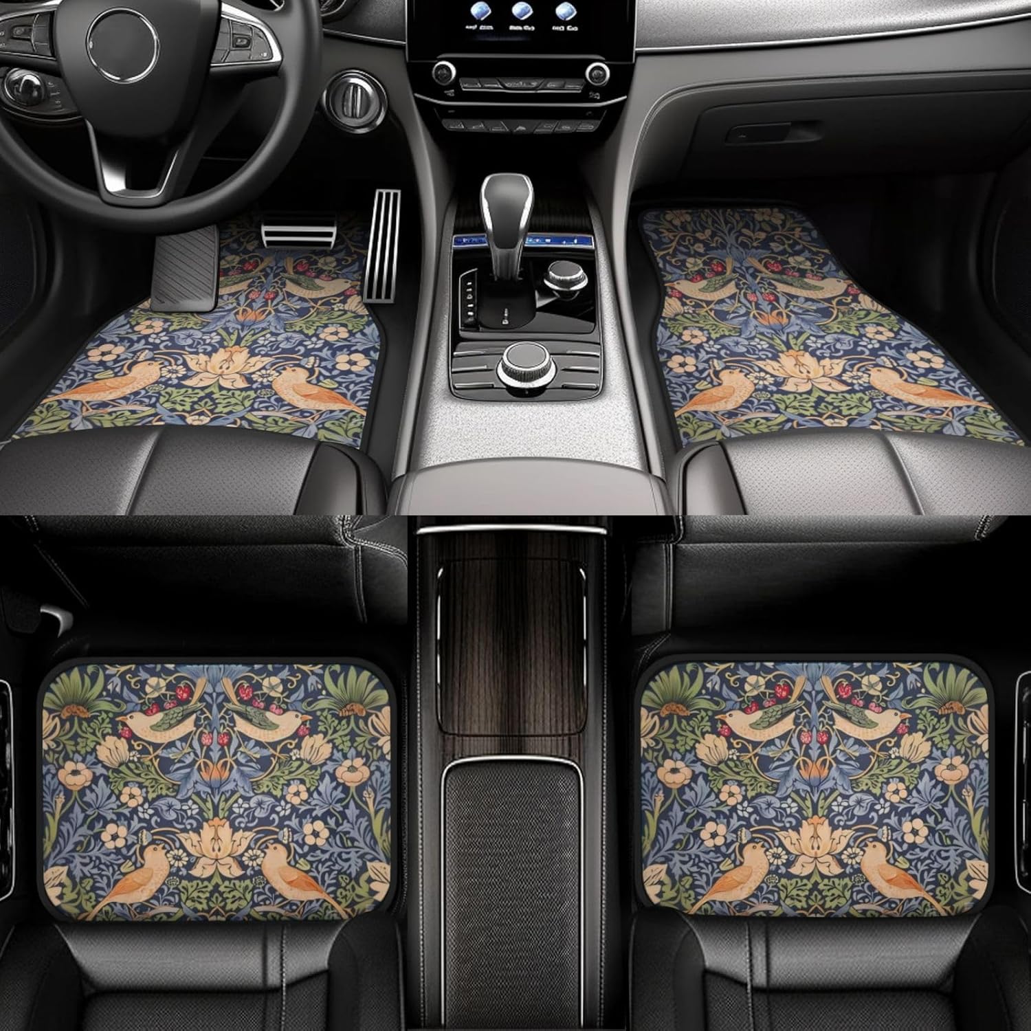 Artistic Fabric Car Floor Mats-Non-Slip Rubber Backing,William Morris,Front (26.8x17.3in) & Rear (13x17.3in) Set-Water Absorbing, Durable Automotive Floor Liners with Stylish Patterns