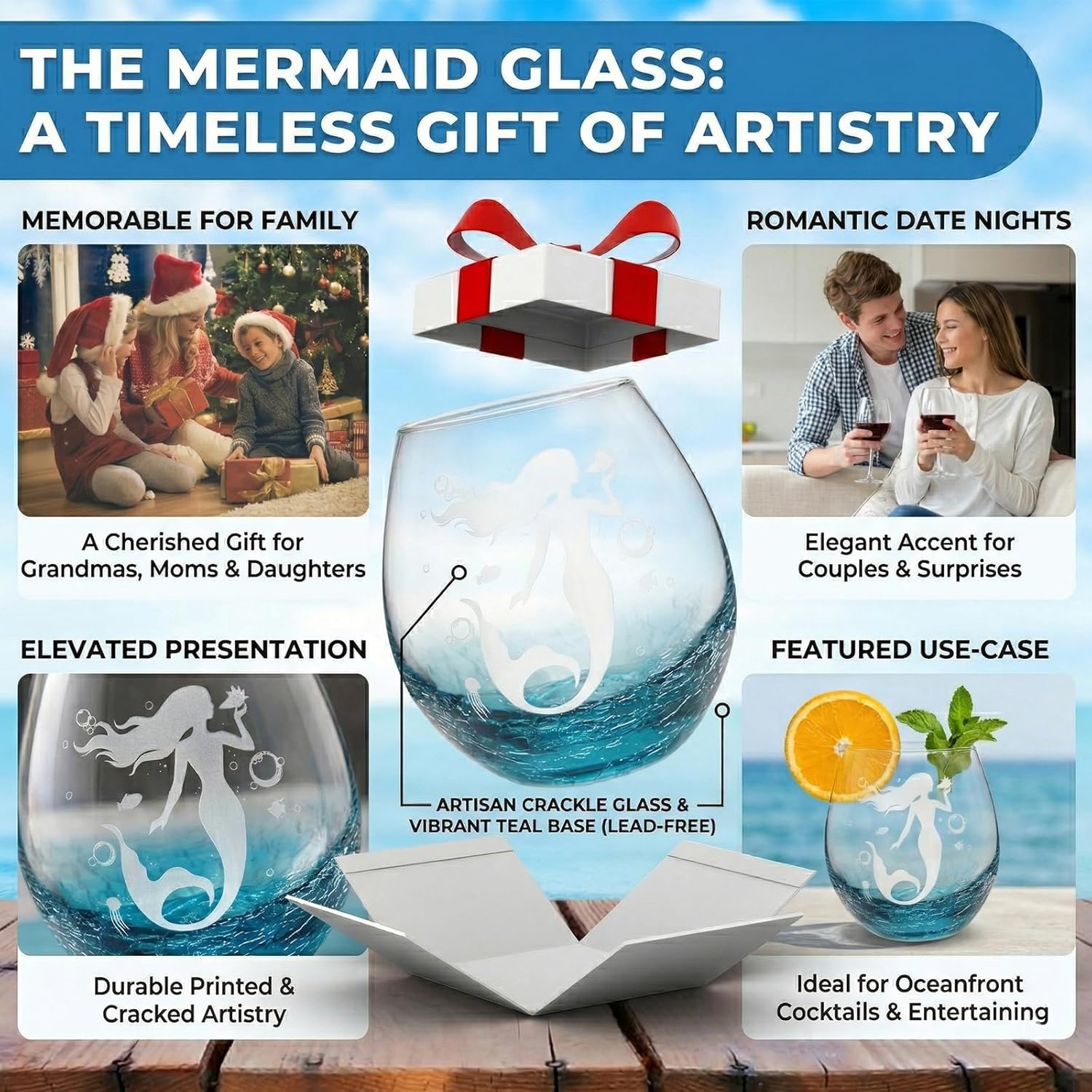 Mermaid Crackle Glass Stemless Wine Glass - 19oz Teal Ocean Crystal - Unique Mermaid Gift for Women, Birthday & Beach Wedding - Versatile Cup for Wine, Cocktails & Iced Coffee (Crackle Teal)