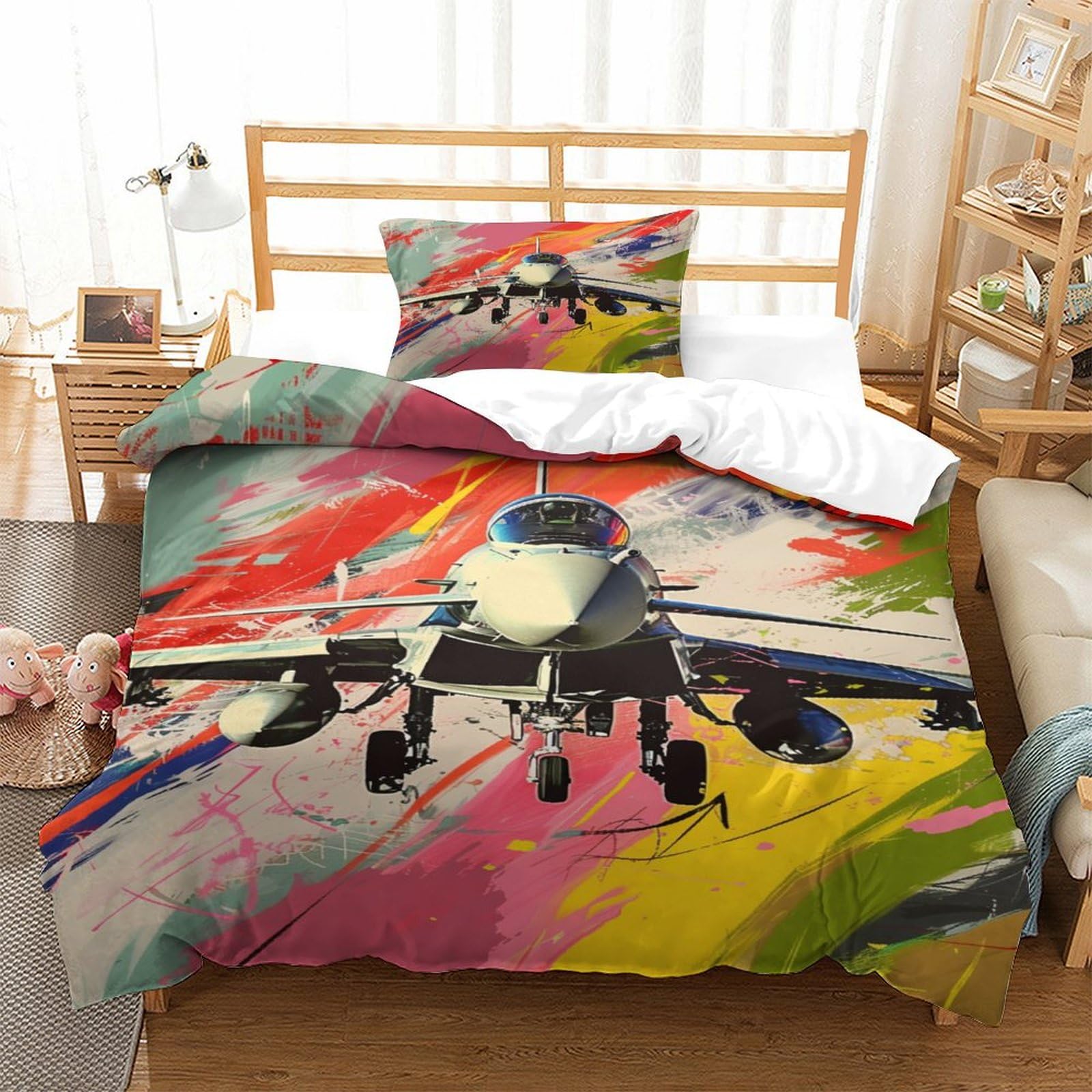 P1s9u7w5y Aircraft-6 Color Splash Aircraft 3D Printed Duvet Cover Set 3Pcs Microfiber Jet Bedding Set Single（135X200cm）