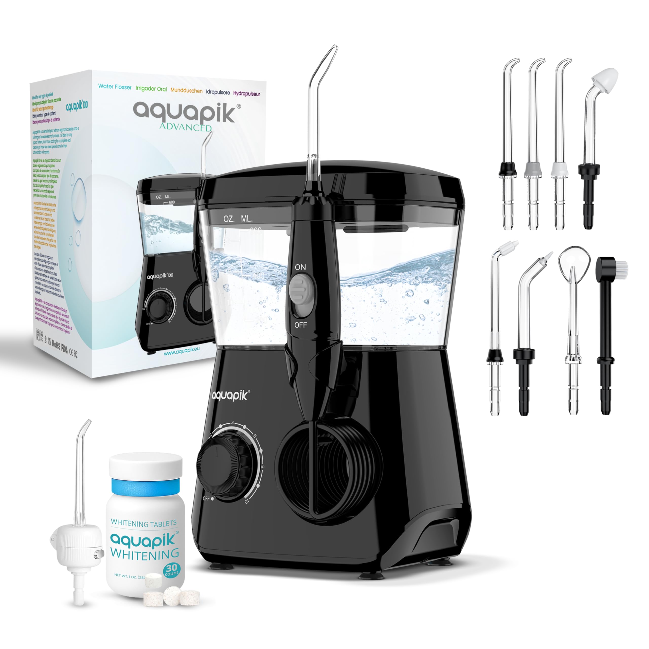 Aquapik® ADVANCED irygator do jamy ustnej, idealny do ortodoncji, implantów i wrażliwych dziąseł, zestaw wybielający + 8 ust, 10 poziomów ciśnienia, zalecany przez dentystów (czarny)