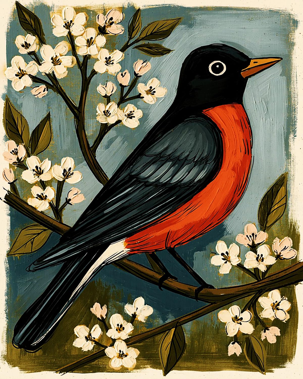 Liubaishi Black, Red, White, Blue, Green Paint By Numbers For Adults, Spring Branch Robin, 40X50 Cm Acrylic Canvas Kit With 3 Brushes