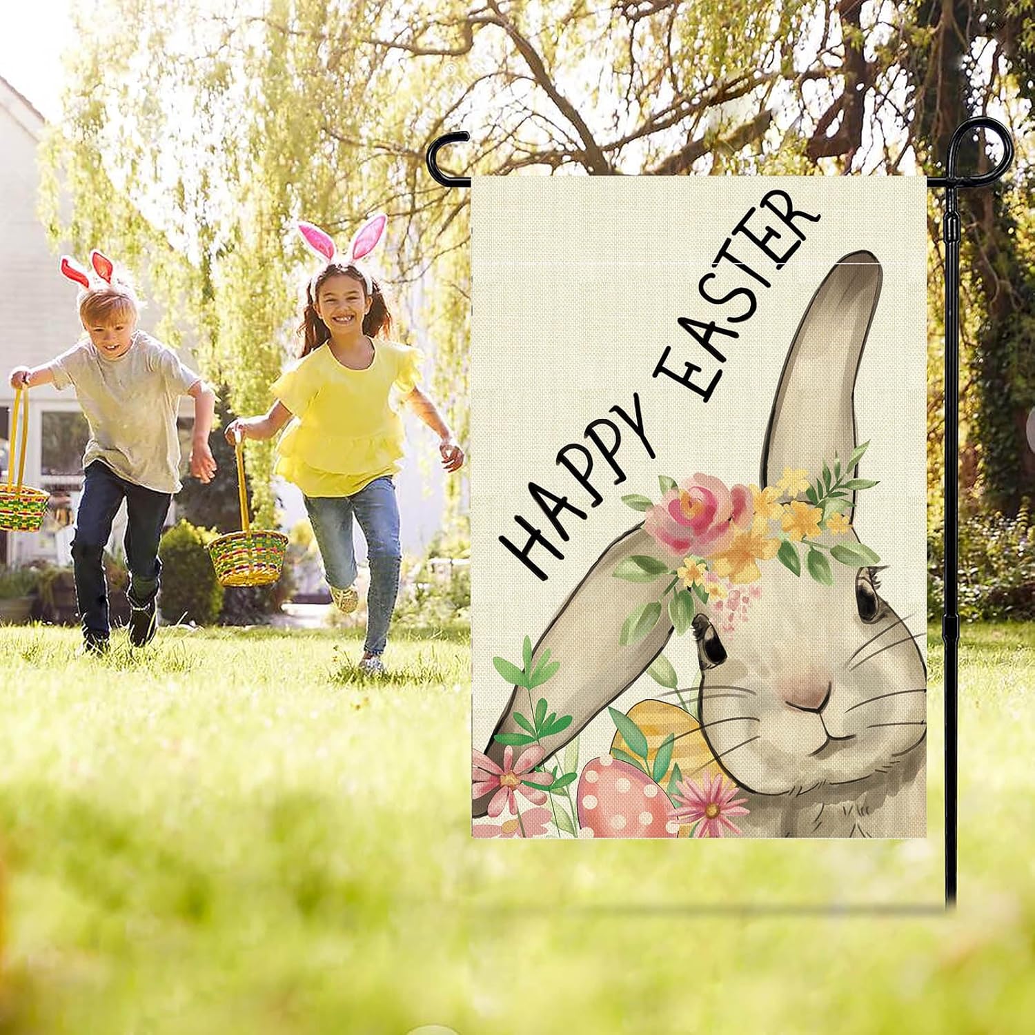 Easter Garden Flag 12x18 Inch Double Sided Outside, Rabbit Flowers Small Burlap Yard Outdoor Decoration - Image 3